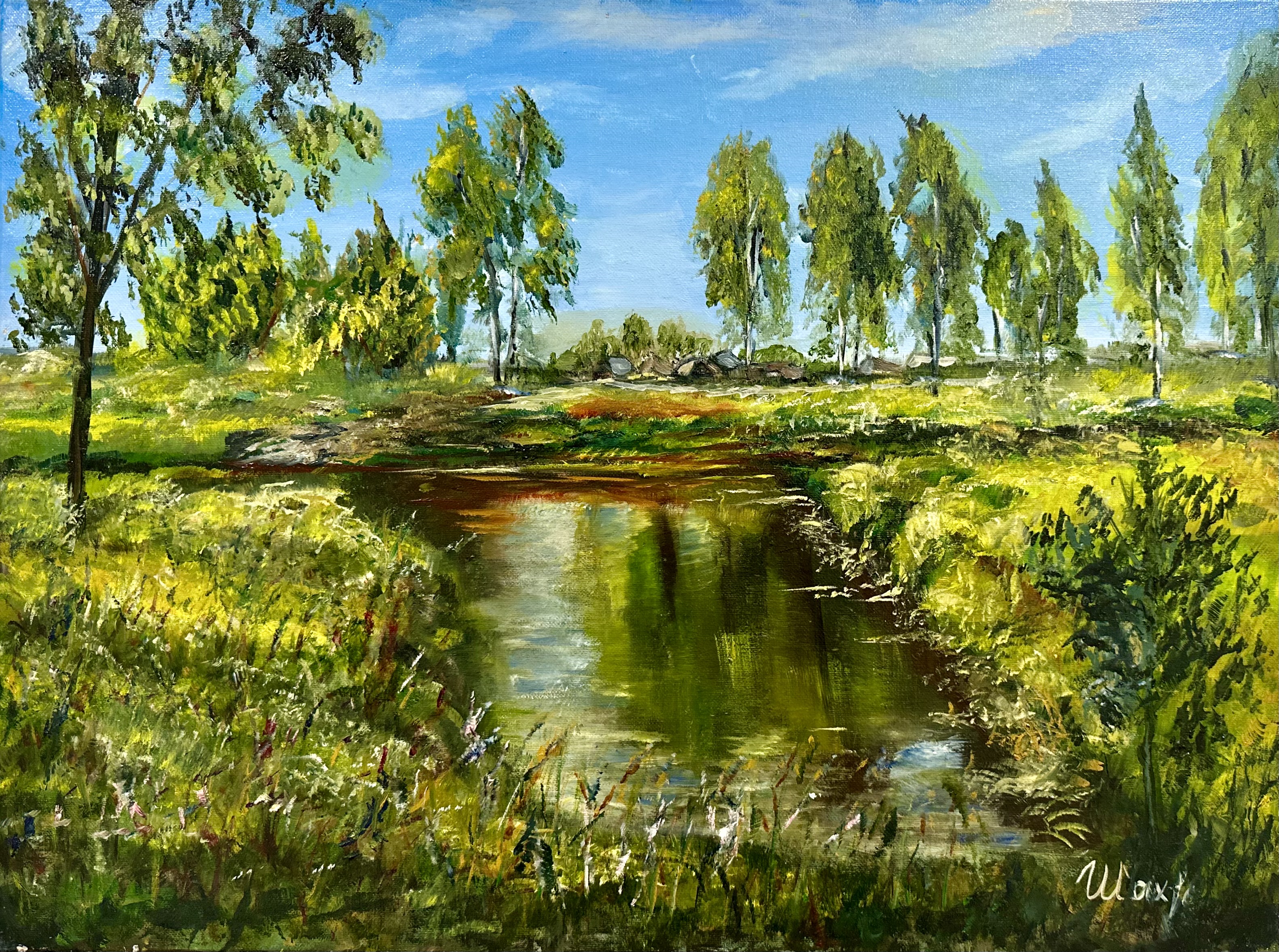 Summer Pond in a Russian Village — original landscape painting contemporary art by Nina
