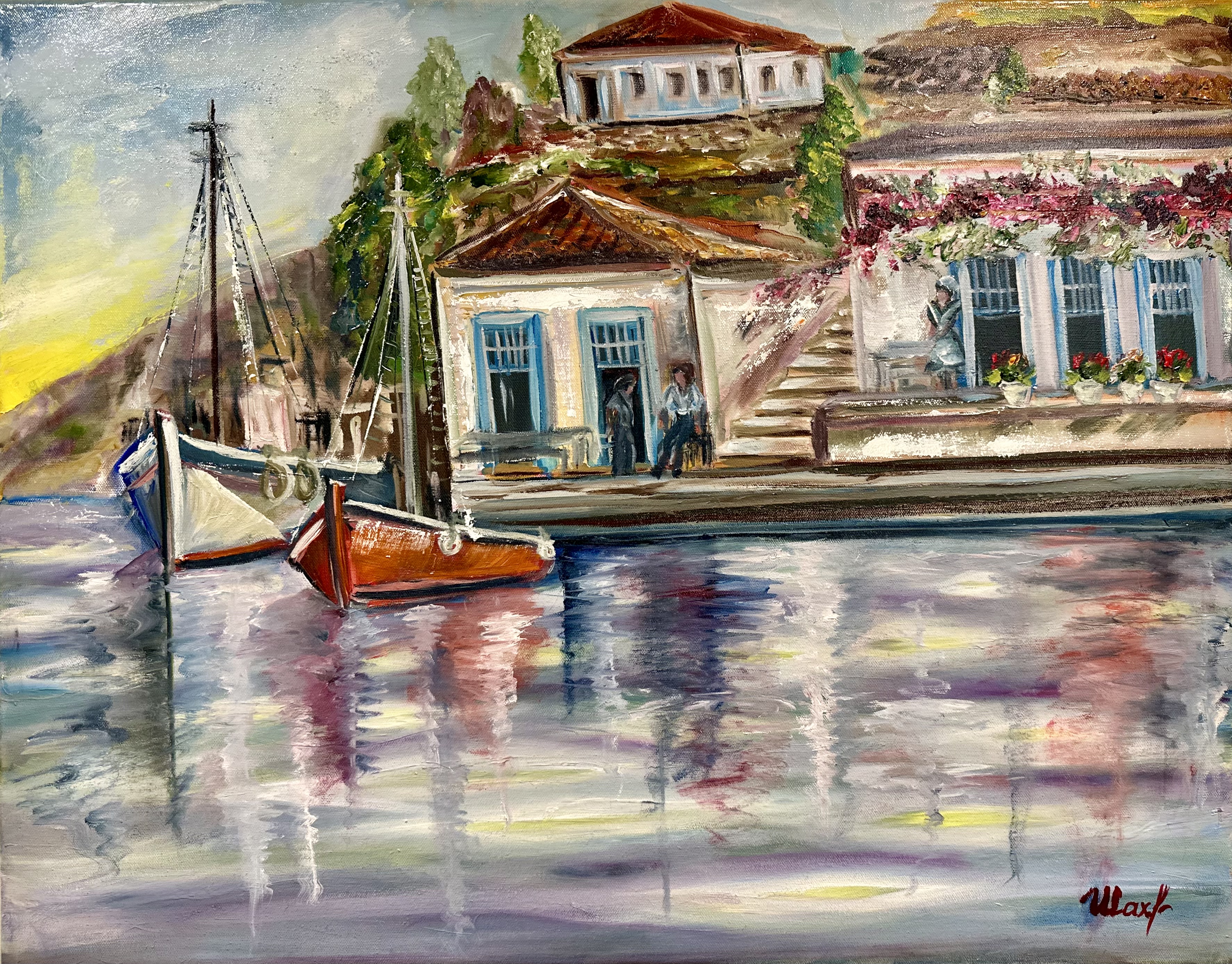 Mediterranean Harbor Village — original landscape painting contemporary art by Nina
