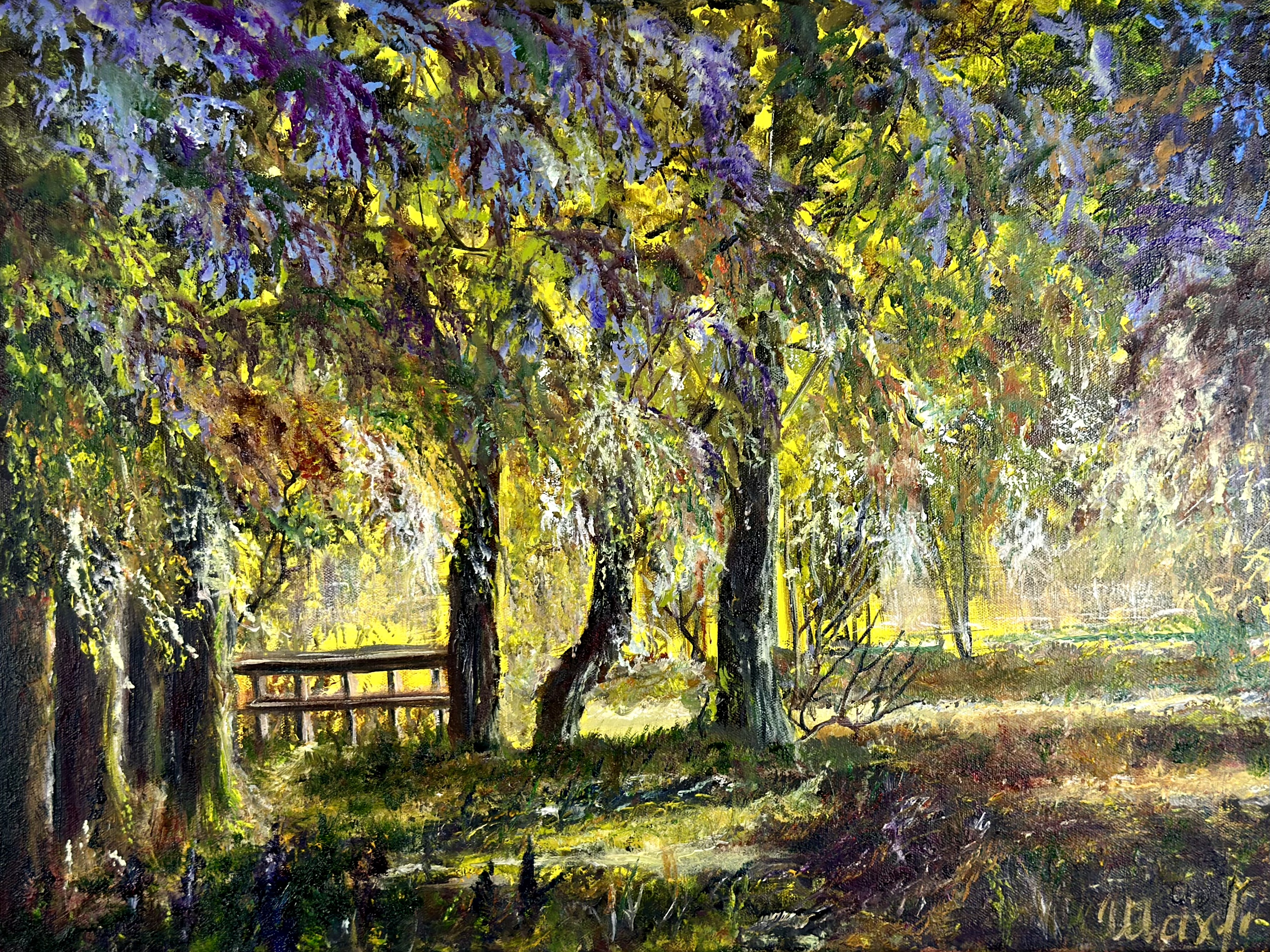 Wisteria and the Garden Bridge — original landscape painting contemporary art by Nina