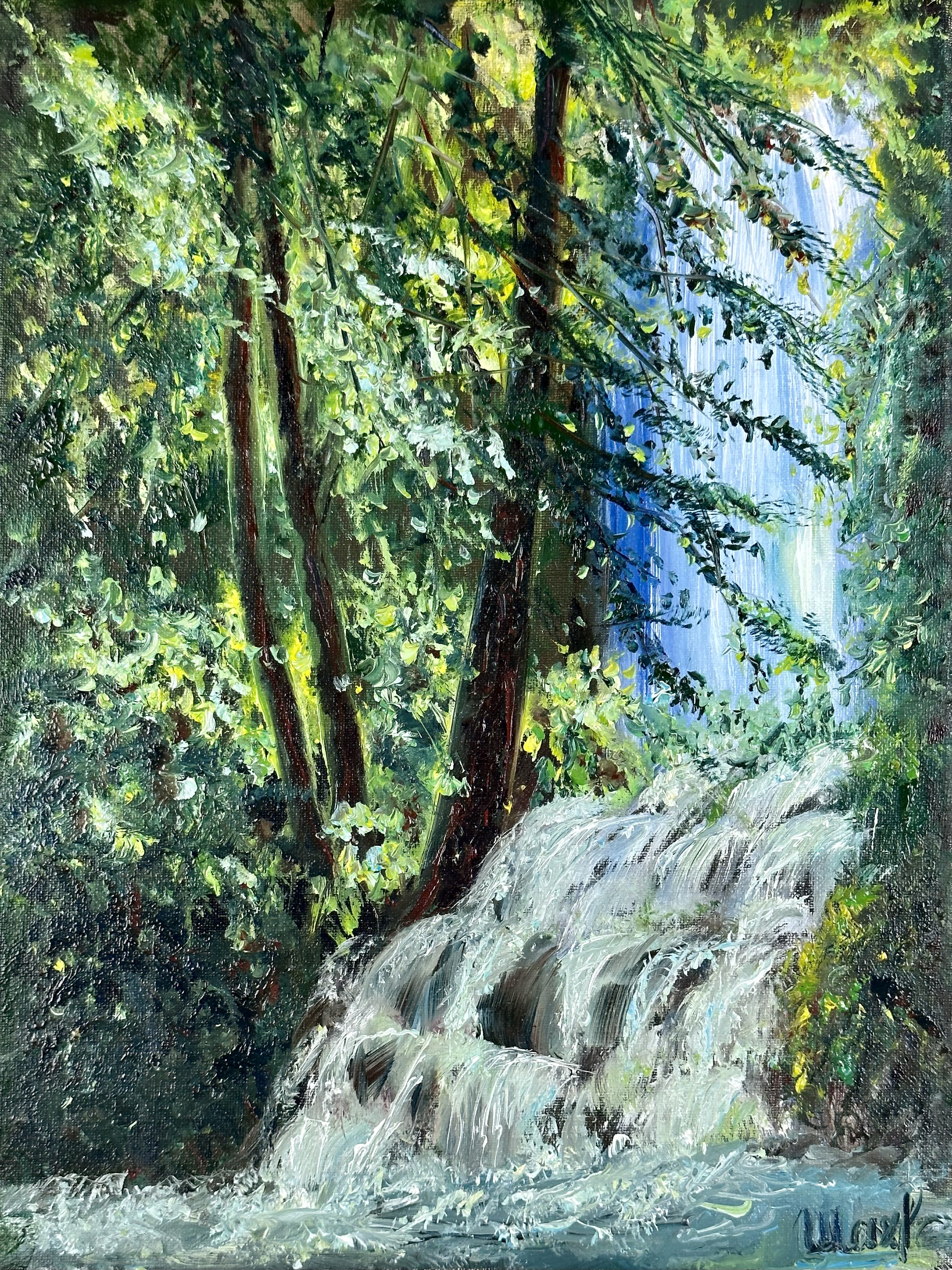Waterfall in the Forest — original landscape painting contemporary art by Nina