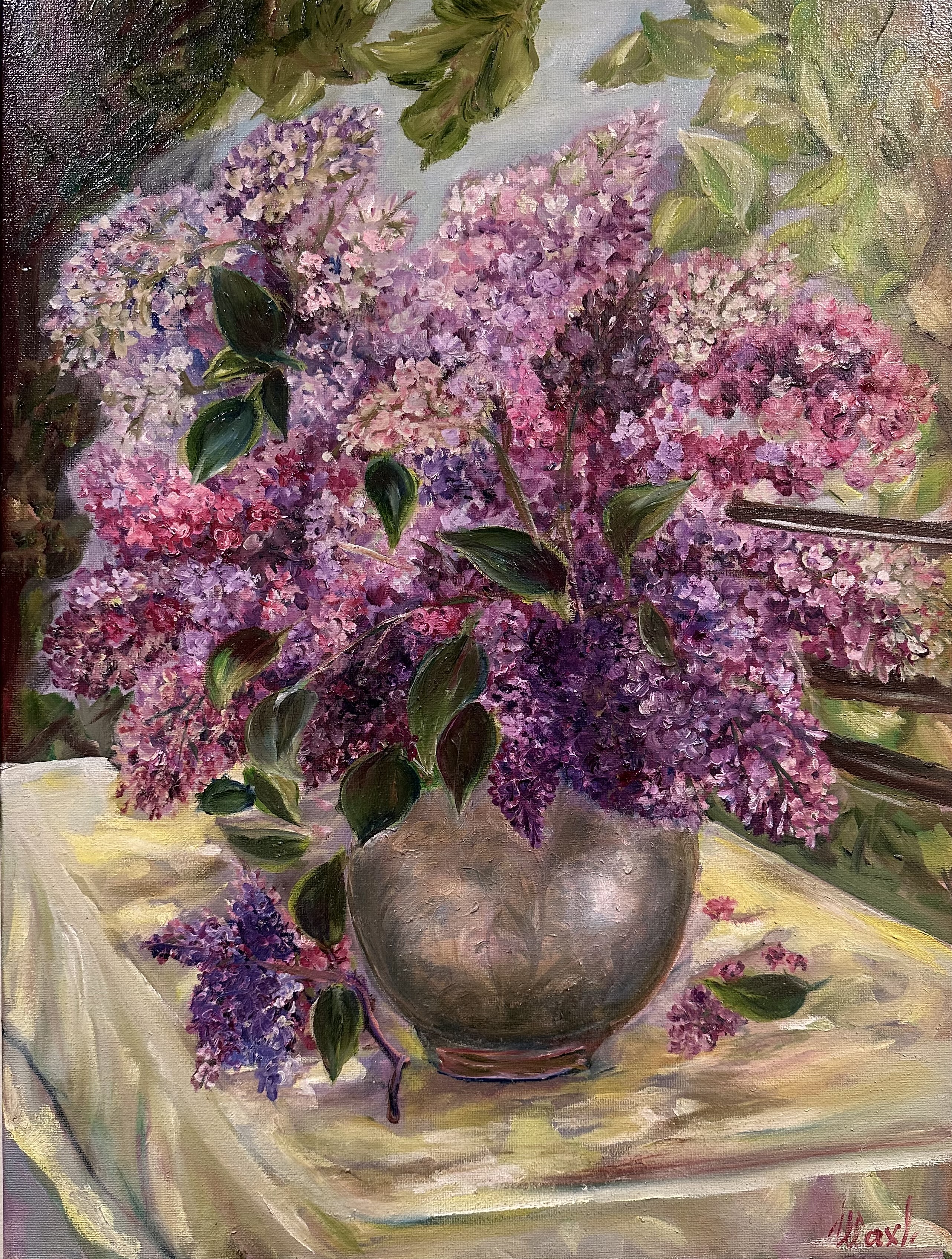 Lilacs in a Bronze Vase — original flower oil painting contemporary floral art by Nina