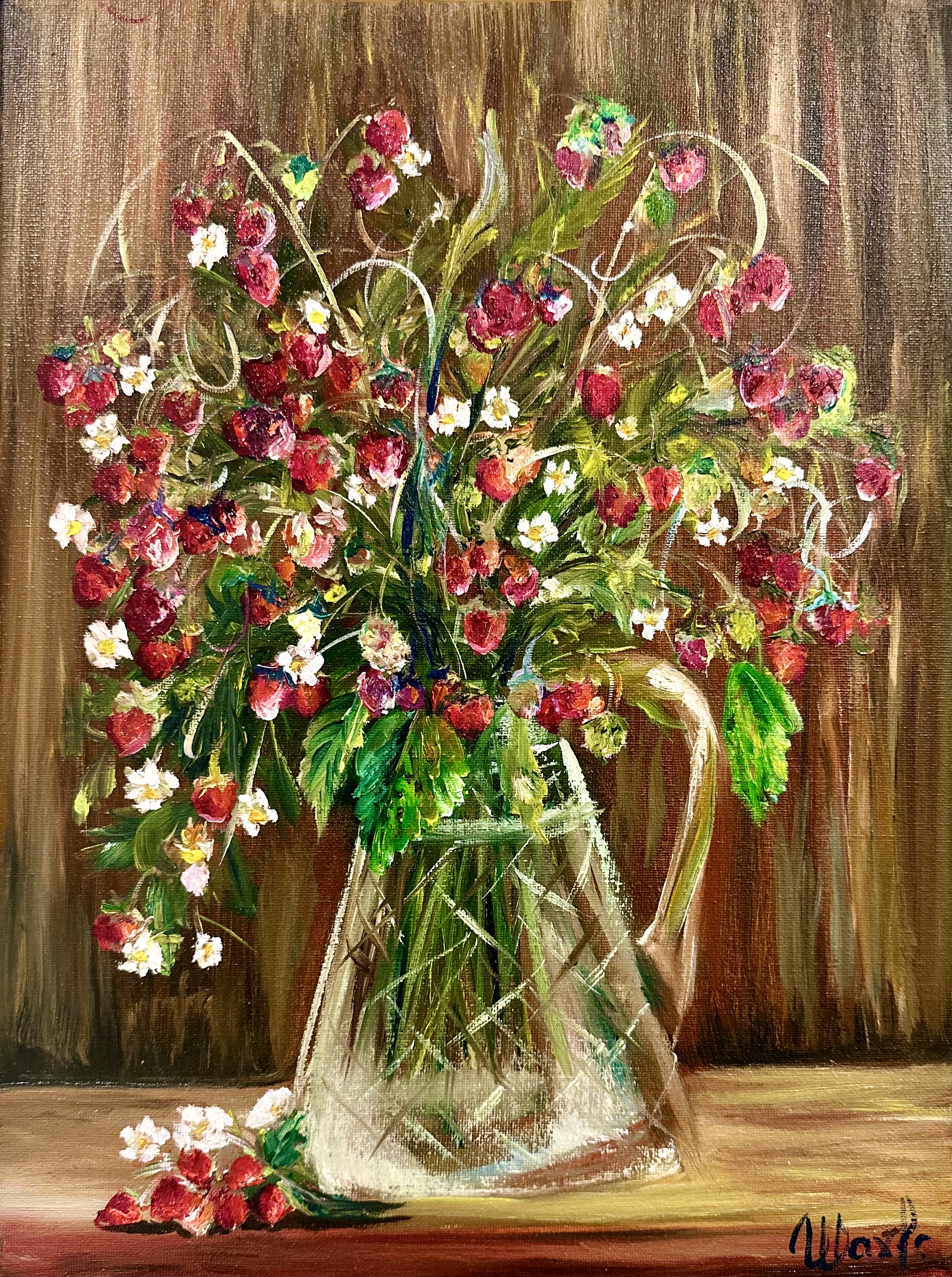 Wild Strawberries in a Crystal Pitcher — original oil painting still life art by Nina