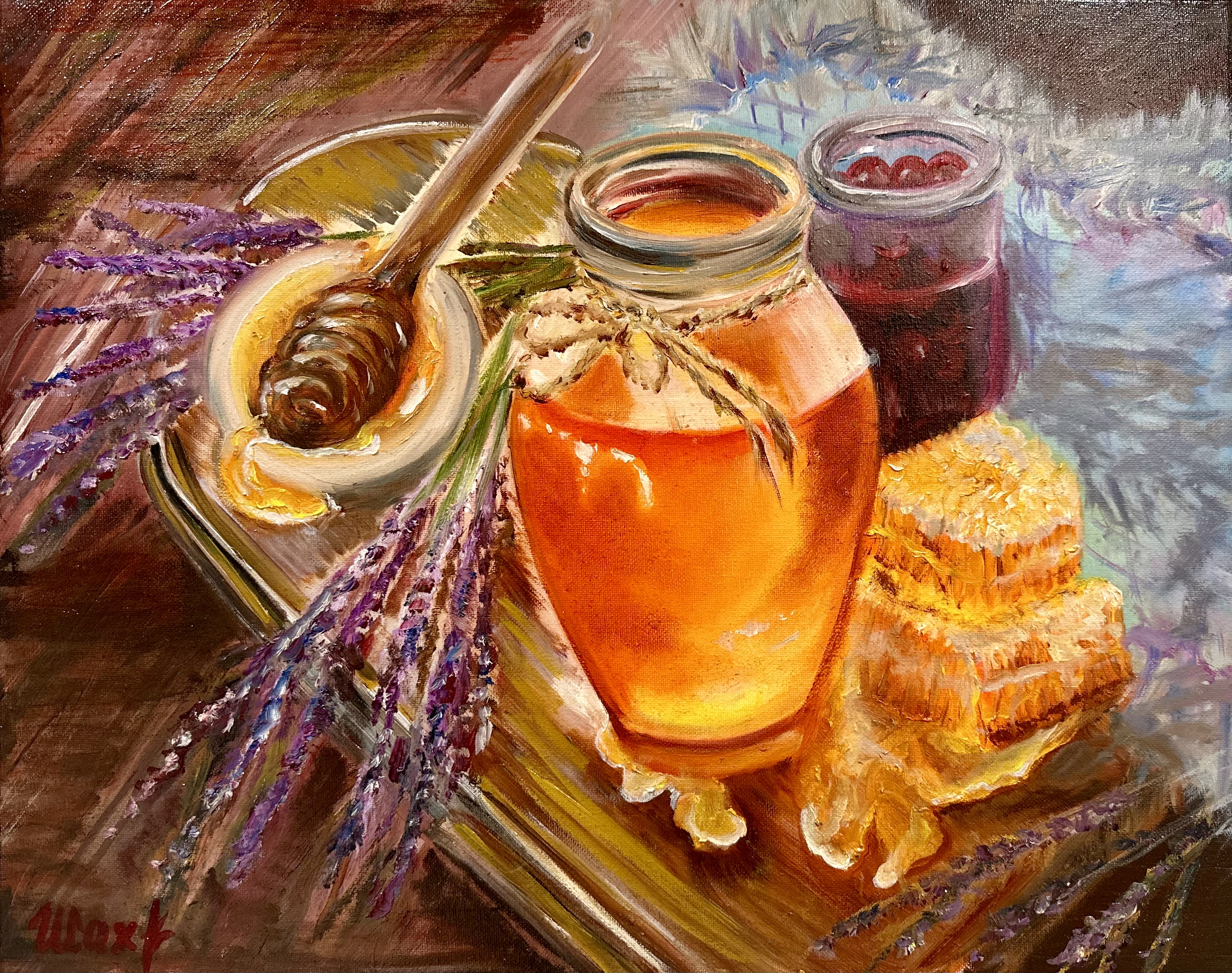 Honey, Honeycomb, and Lavender — original oil painting still life art by Nina
