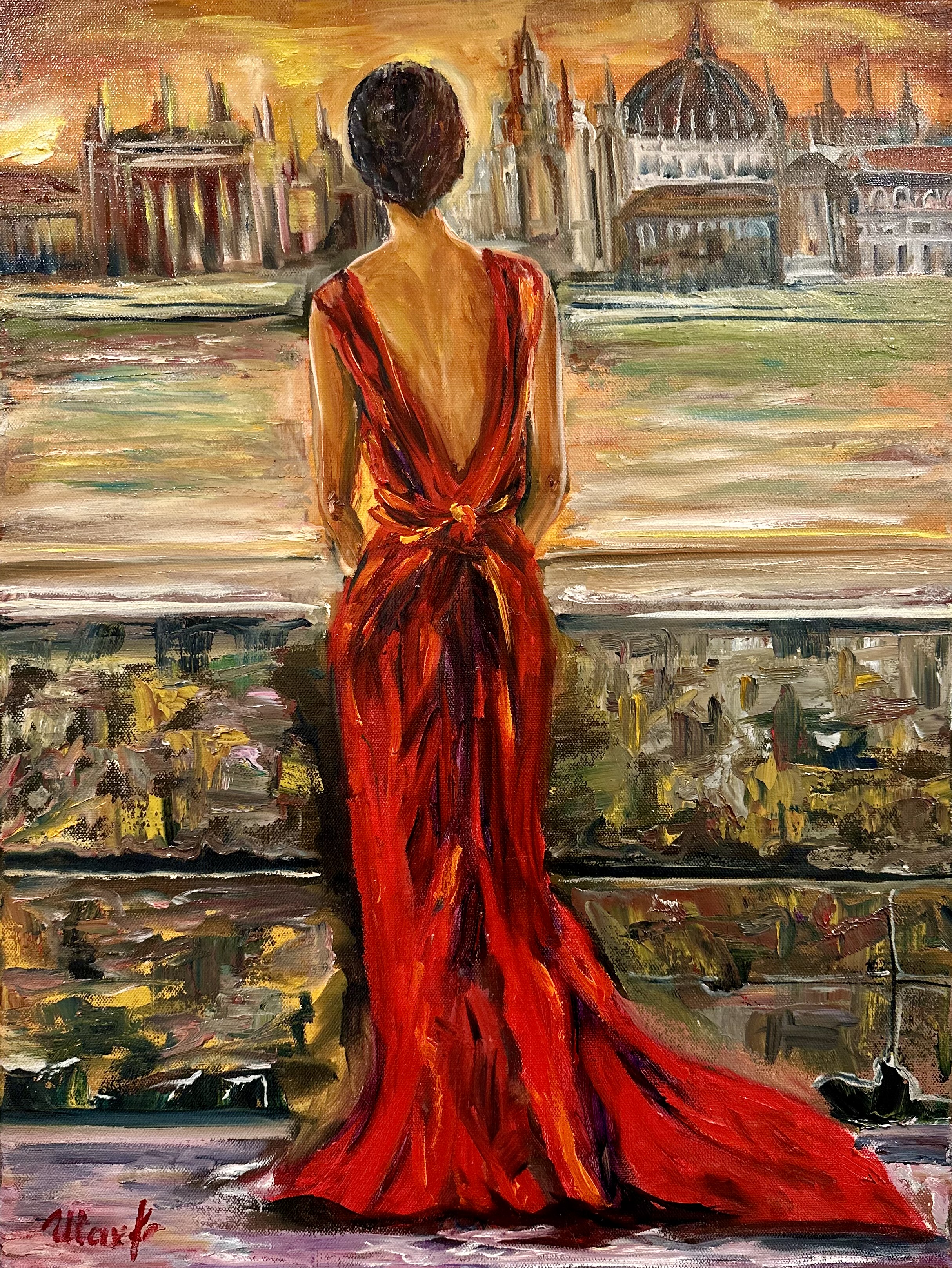 Woman in Red Overlooking the City — original figurative oil painting contemporary art by Nina