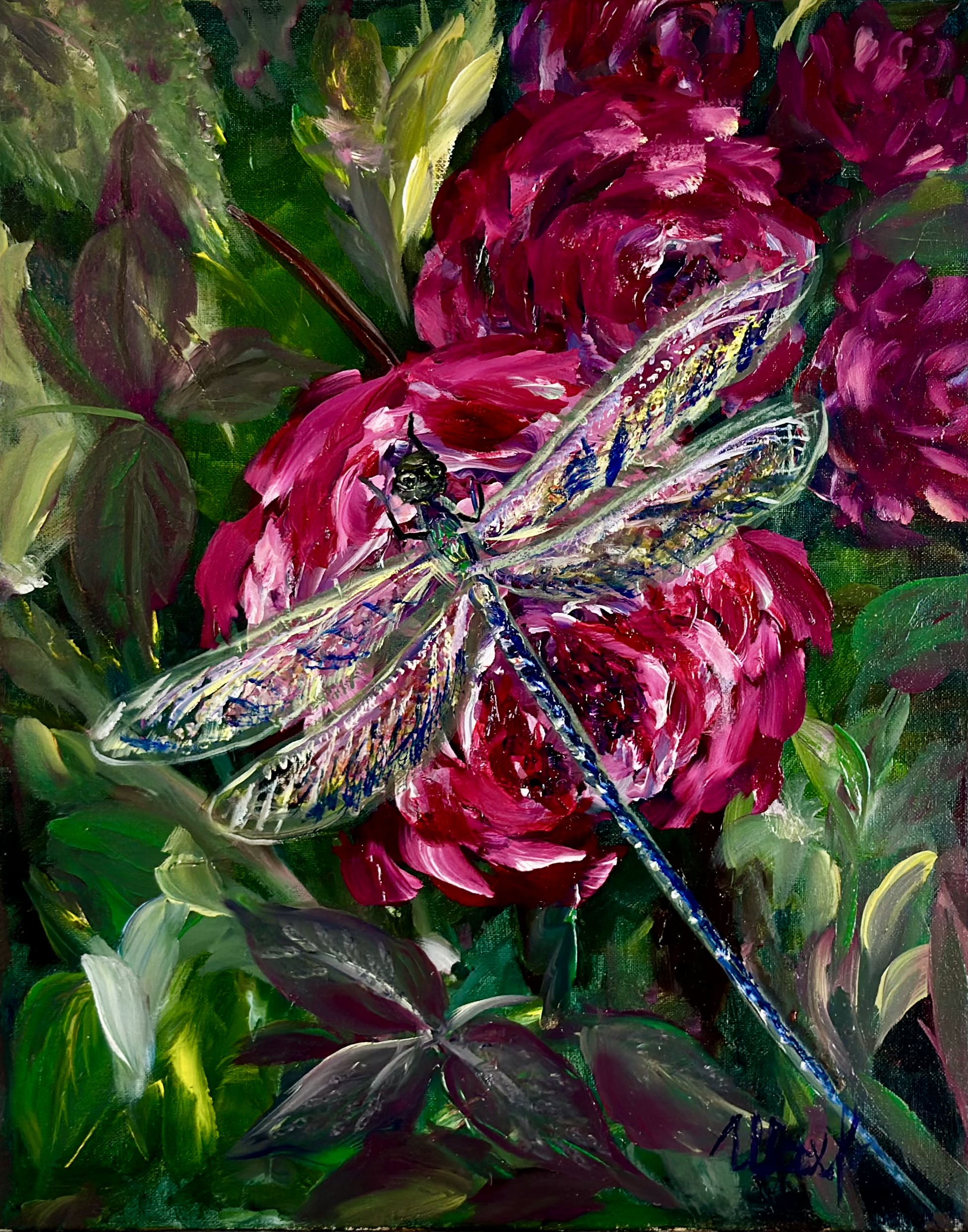 Dragonfly on Peonies — original flower oil painting contemporary floral art by Nina