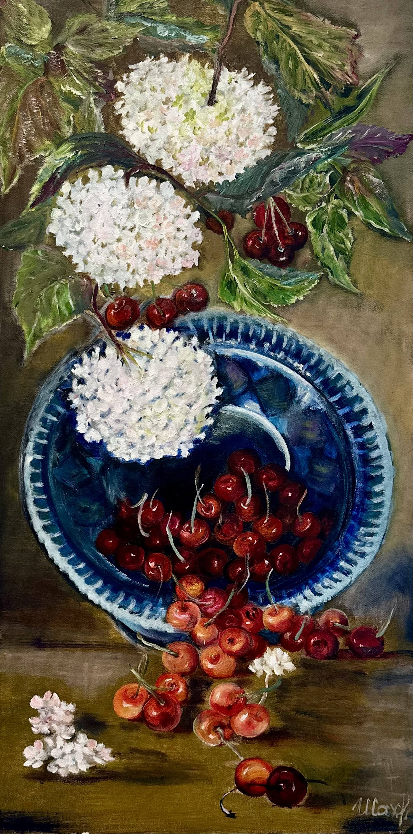 Hydrangeas and Cherries on a Blue Plate — original flower oil painting contemporary floral art by Nina