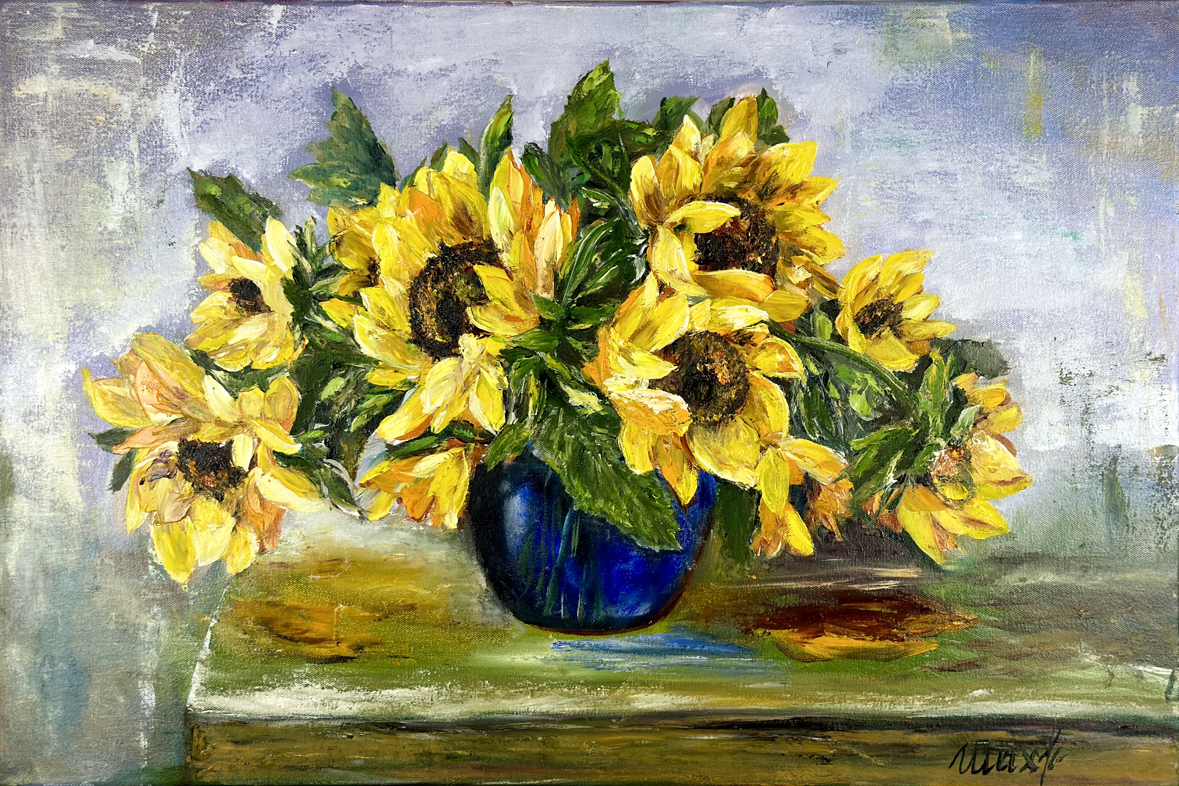 Sunflowers in a Blue Vase — original flower oil painting contemporary floral art by Nina