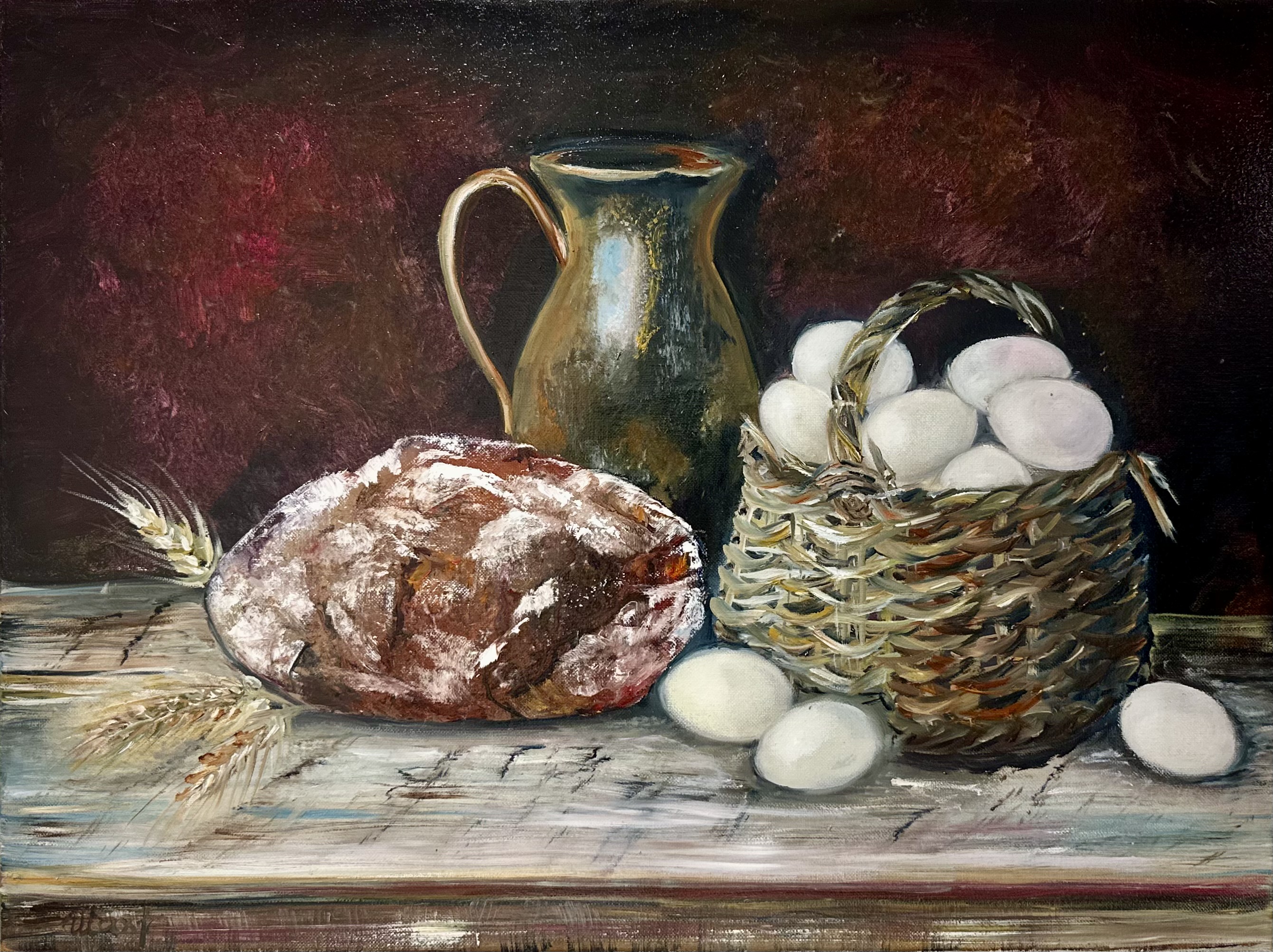 Still Life with Bread, Eggs, and Pitcher — original oil painting still life art by Nina