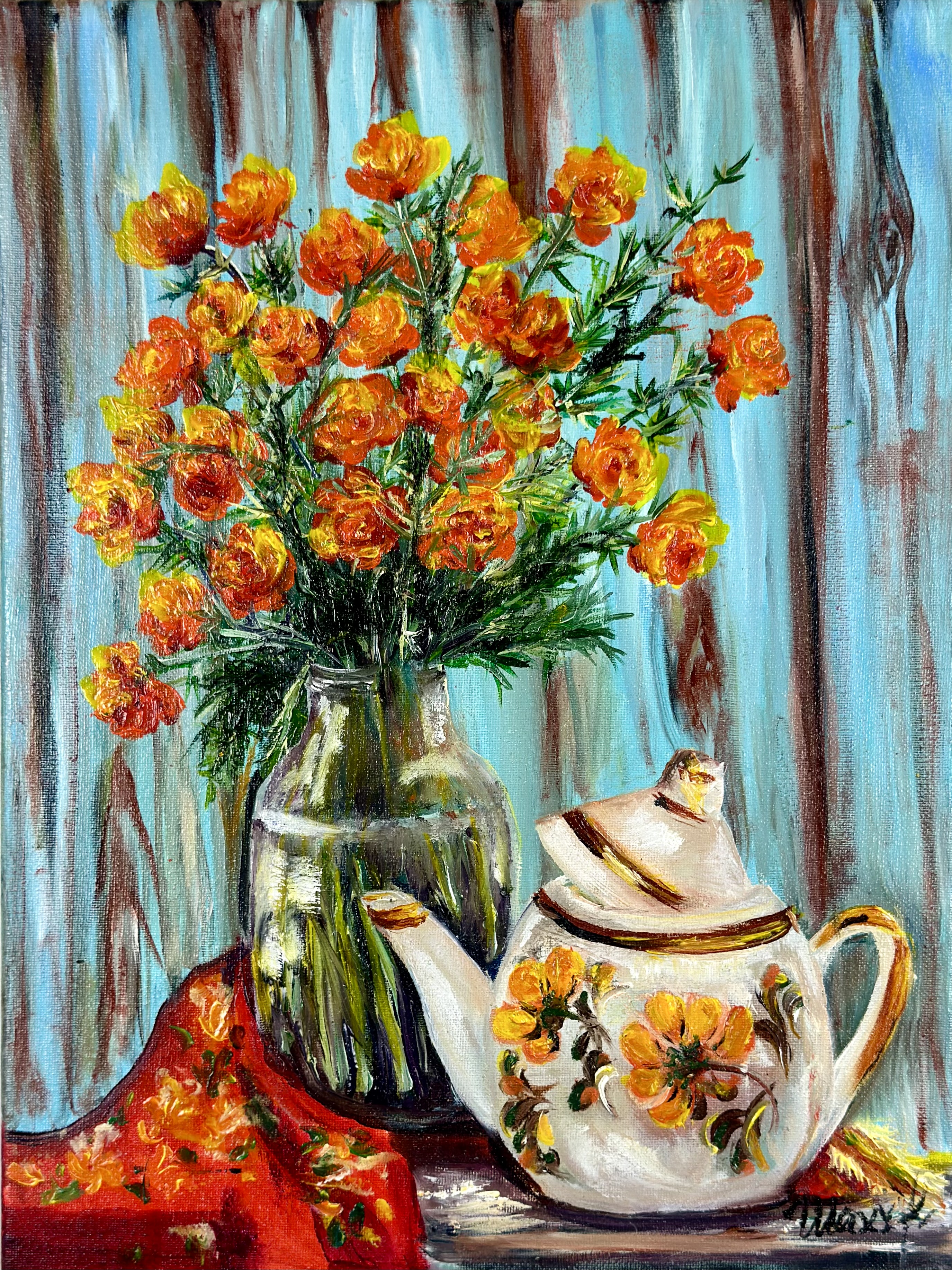 Globe Flowers with Teapot — original flower oil painting contemporary floral art by Nina