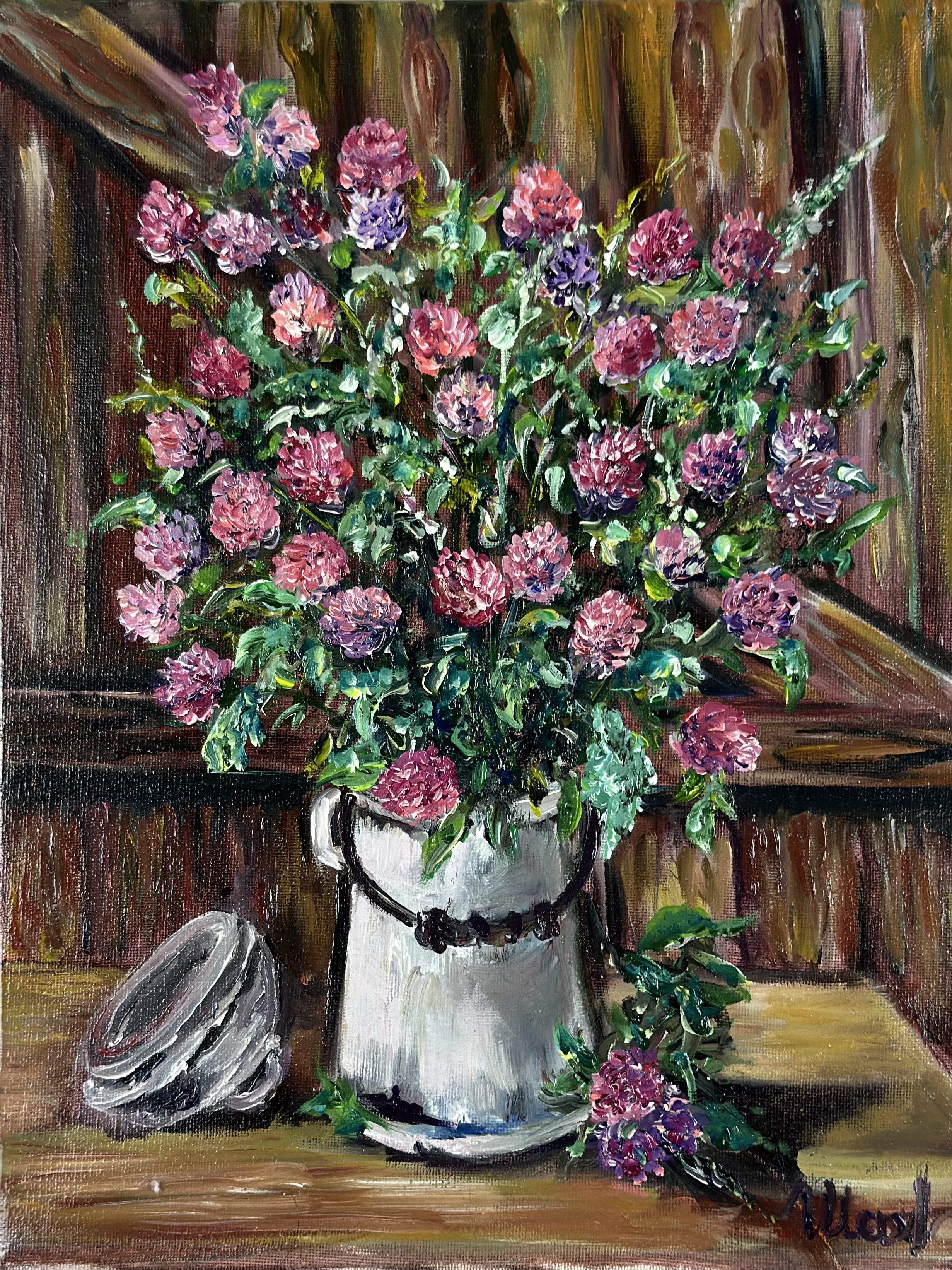 Clover Bouquet in a Milk Can — original flower oil painting contemporary floral art by Nina