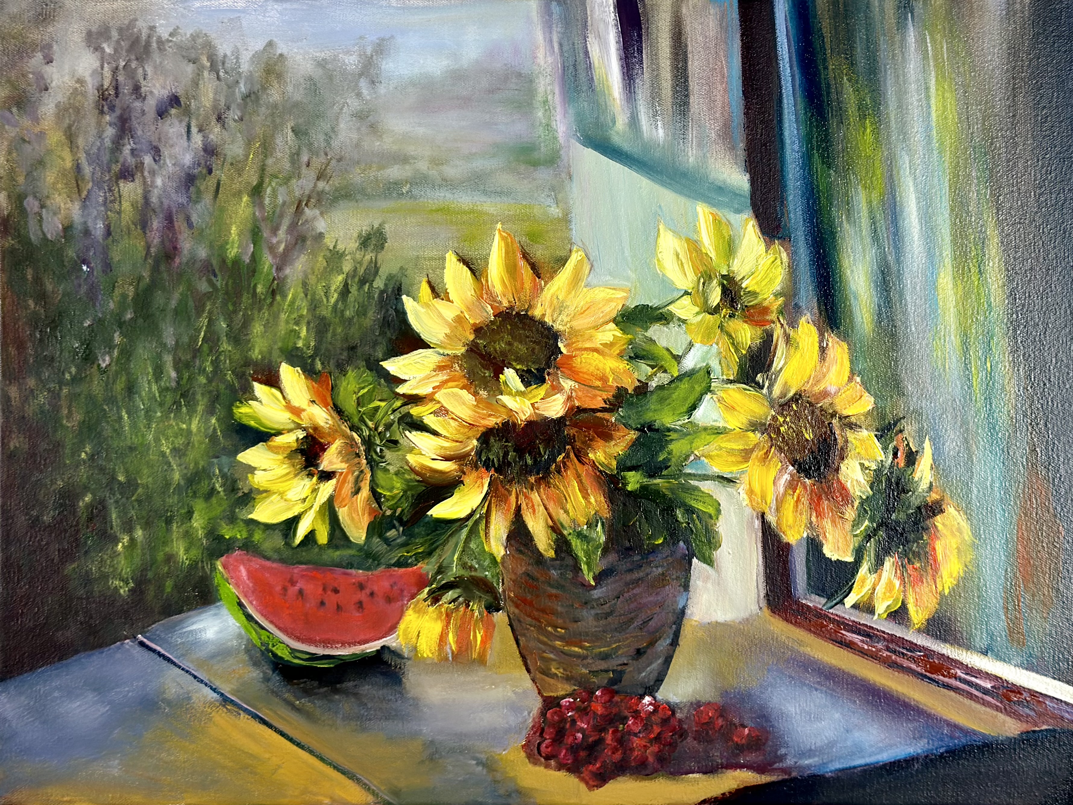 Sunflowers and Watermelon by the Window — original flower oil painting contemporary floral art by Nina