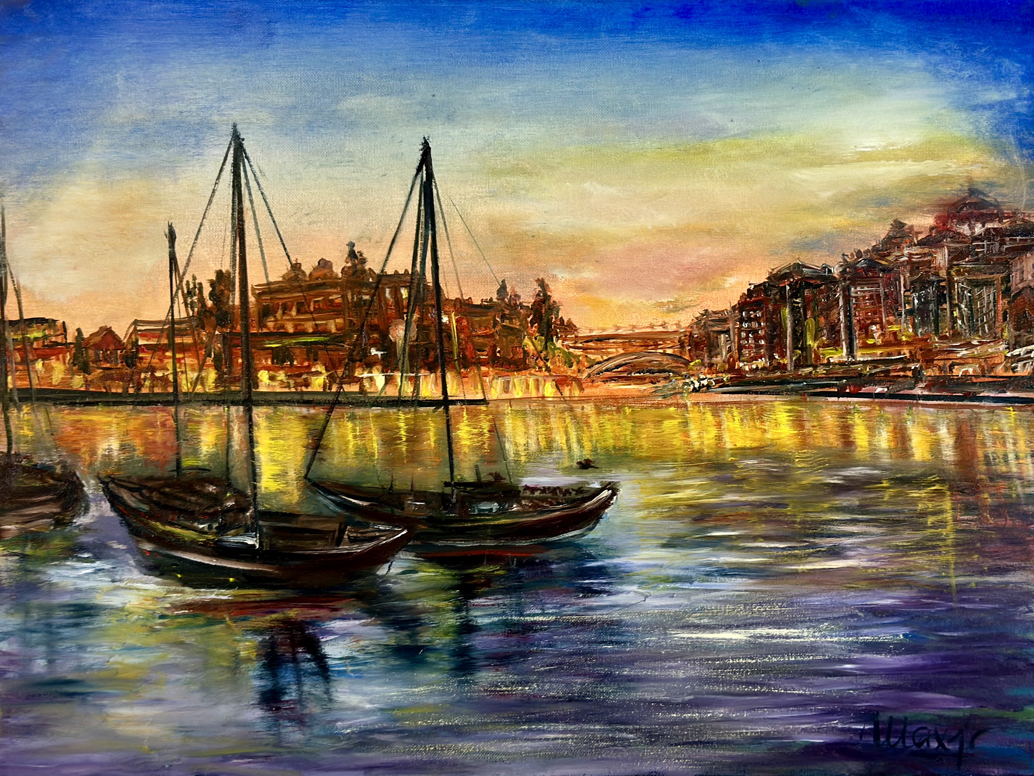Porto at Sunset with Rabelo Boats on the Douro — original landscape painting contemporary art by Nina
