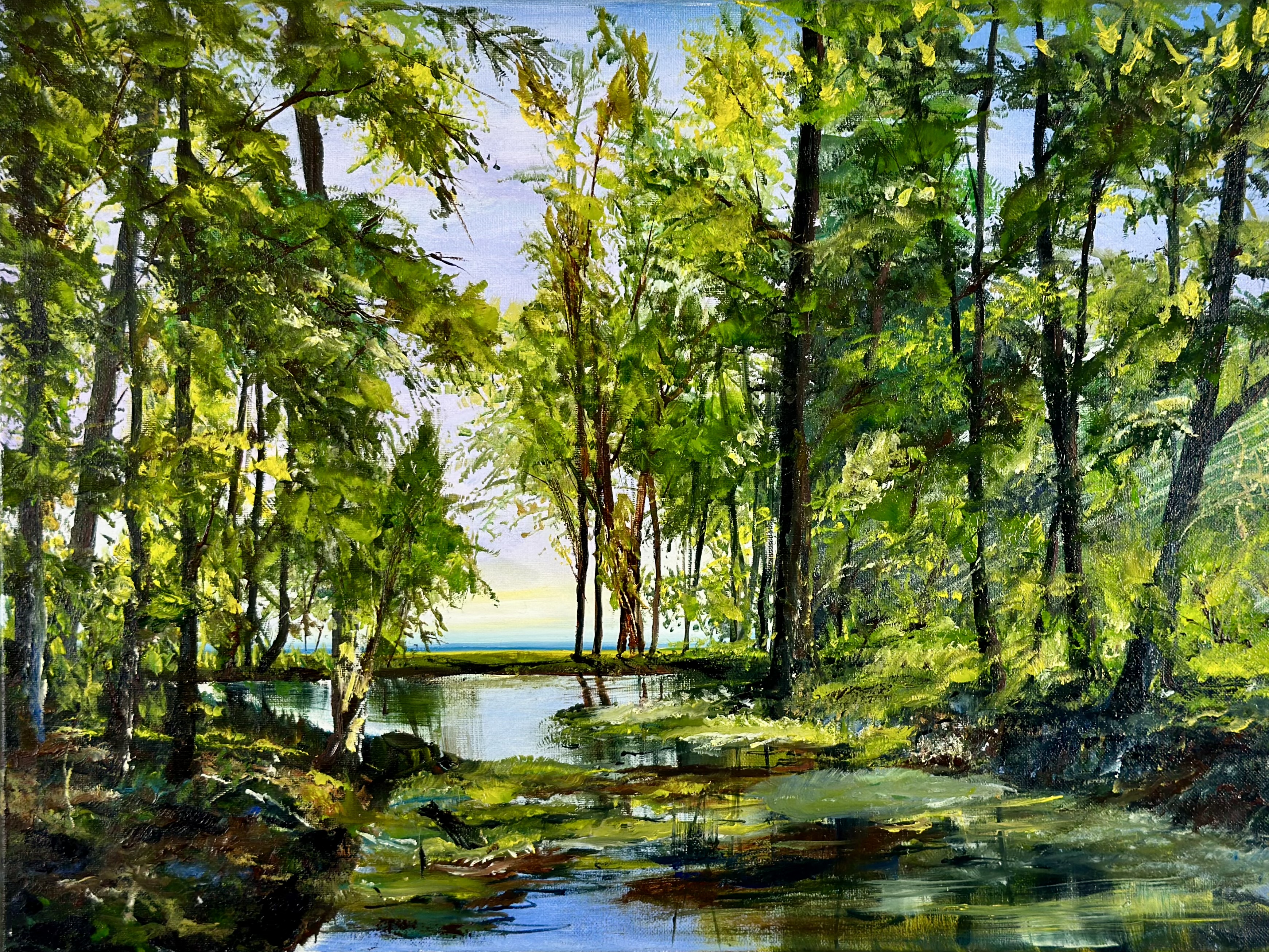 Sunlit Forest Stream — original landscape painting contemporary art by Nina