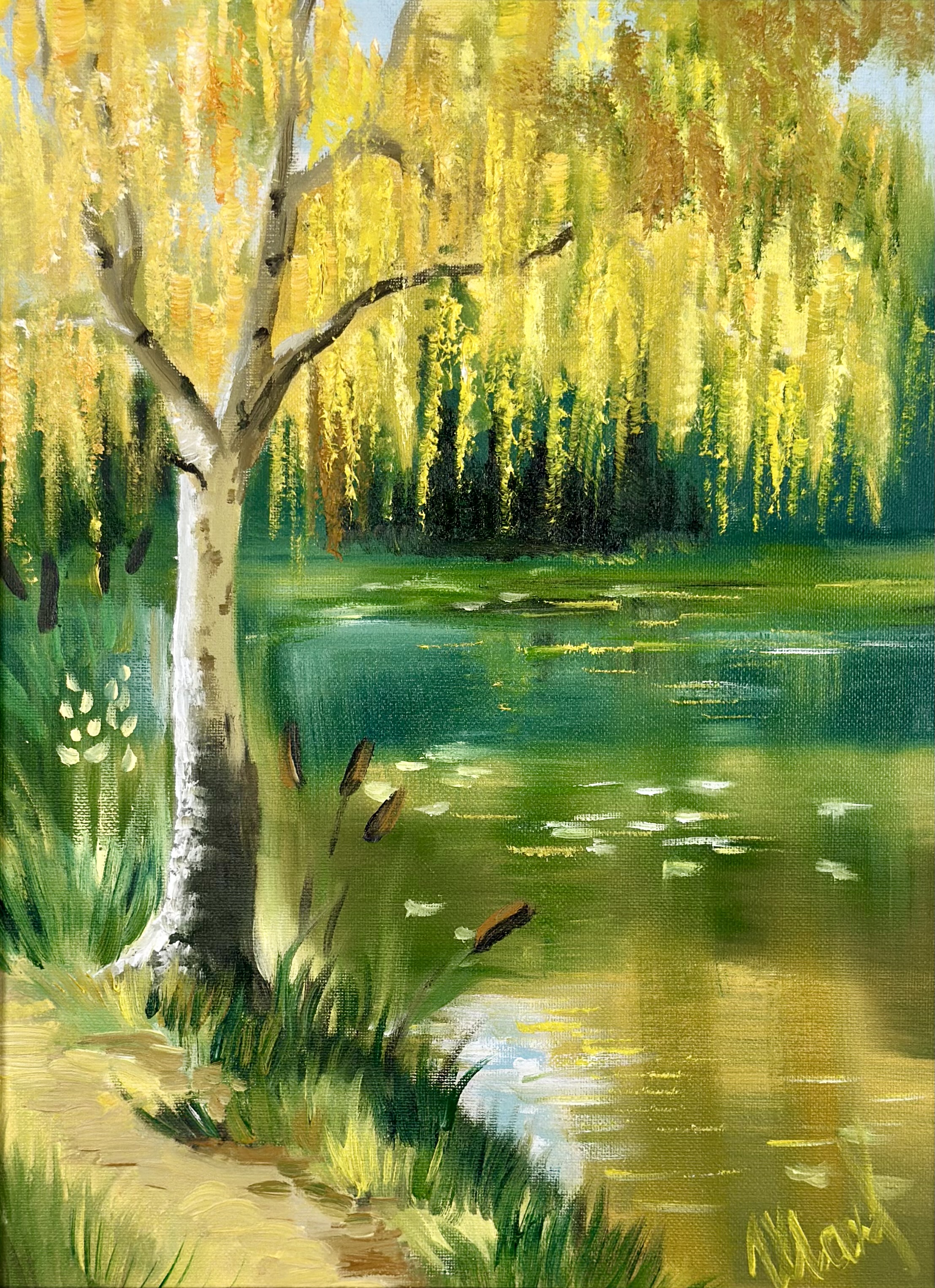 Birch by the Pond in Autumn — original landscape painting contemporary art by Nina