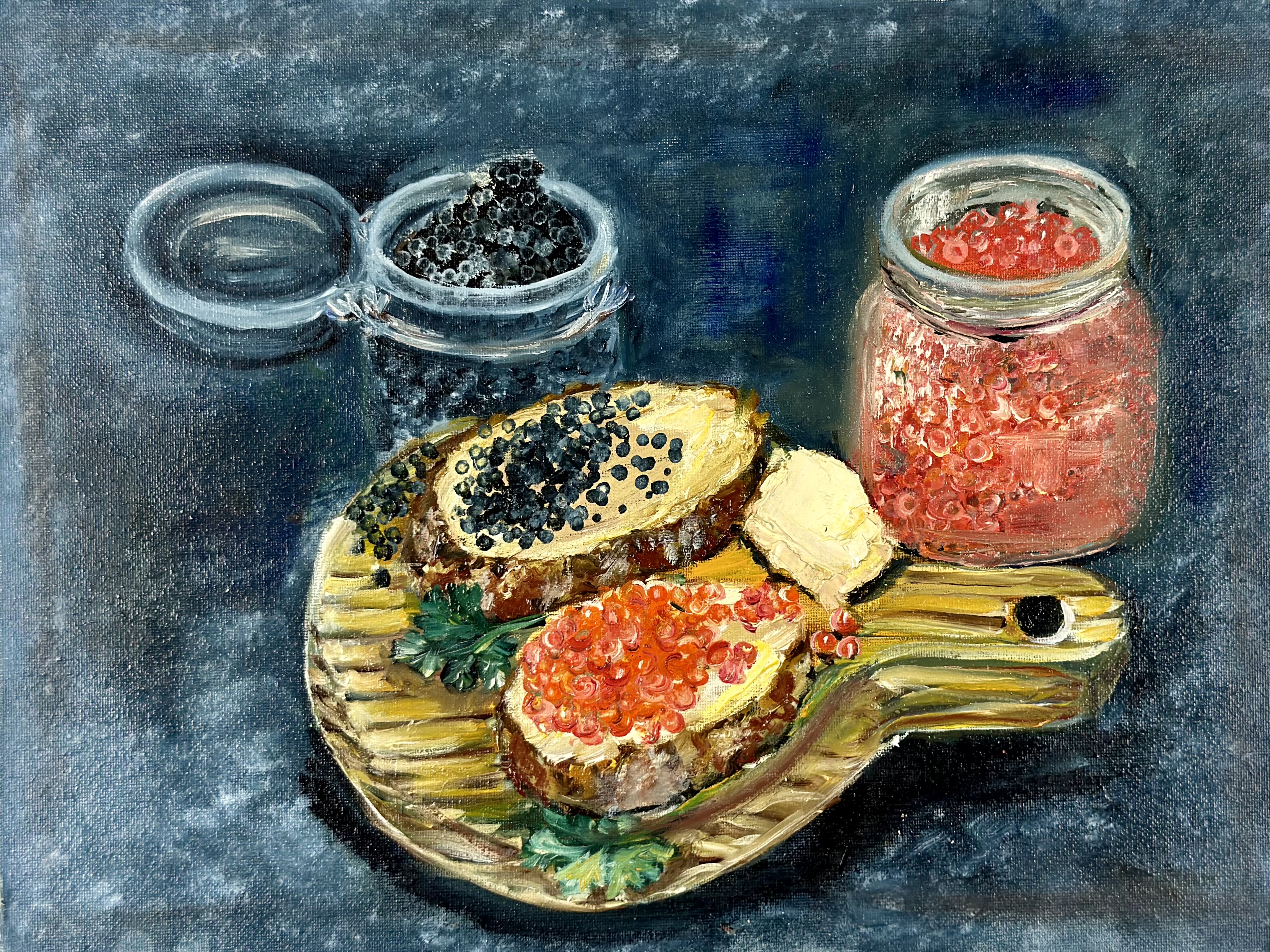 Still Life with Black and Red Caviar — original oil painting still life art by Nina