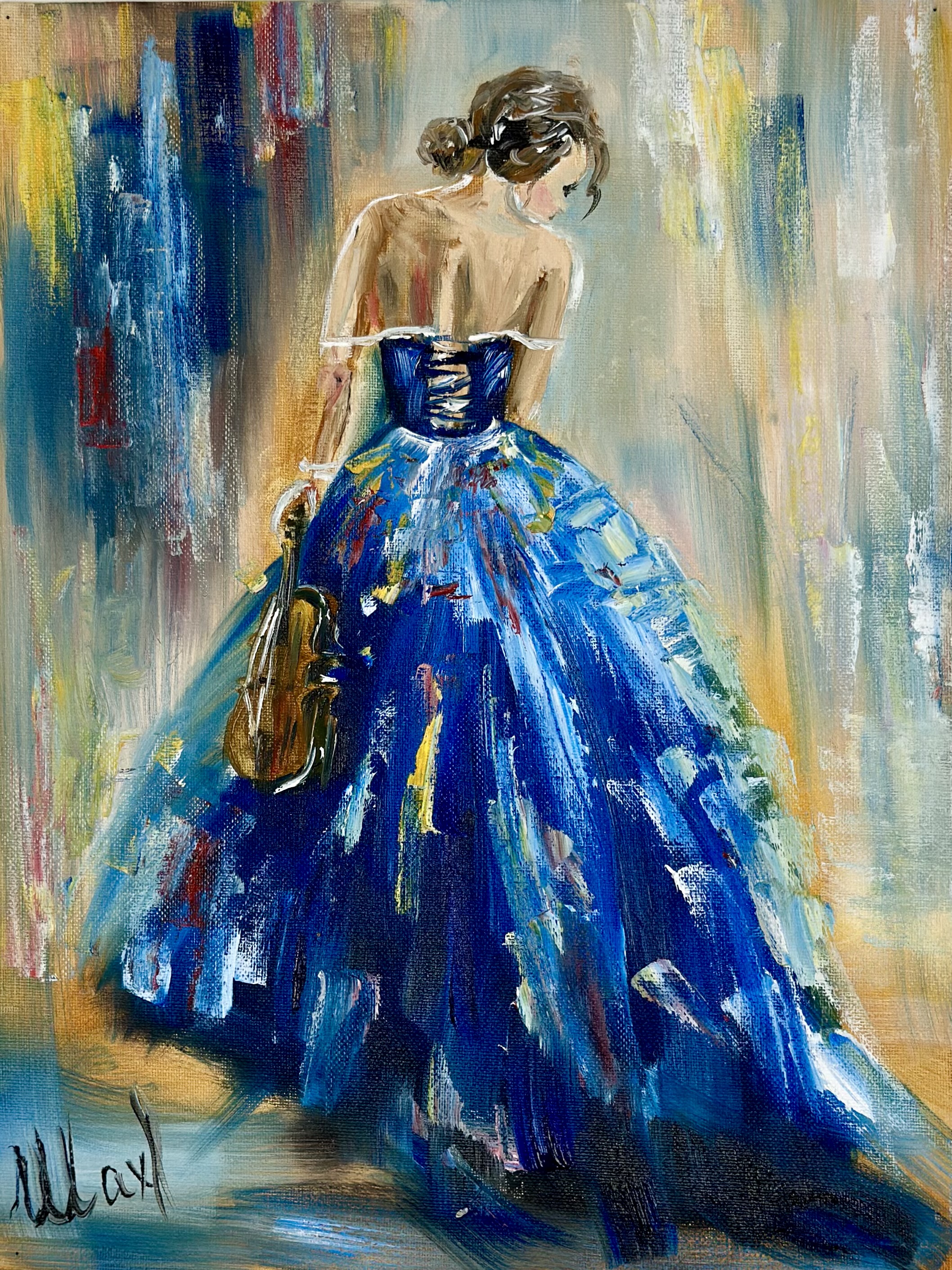 The Violinist in Blue — original figurative oil painting contemporary art by Nina
