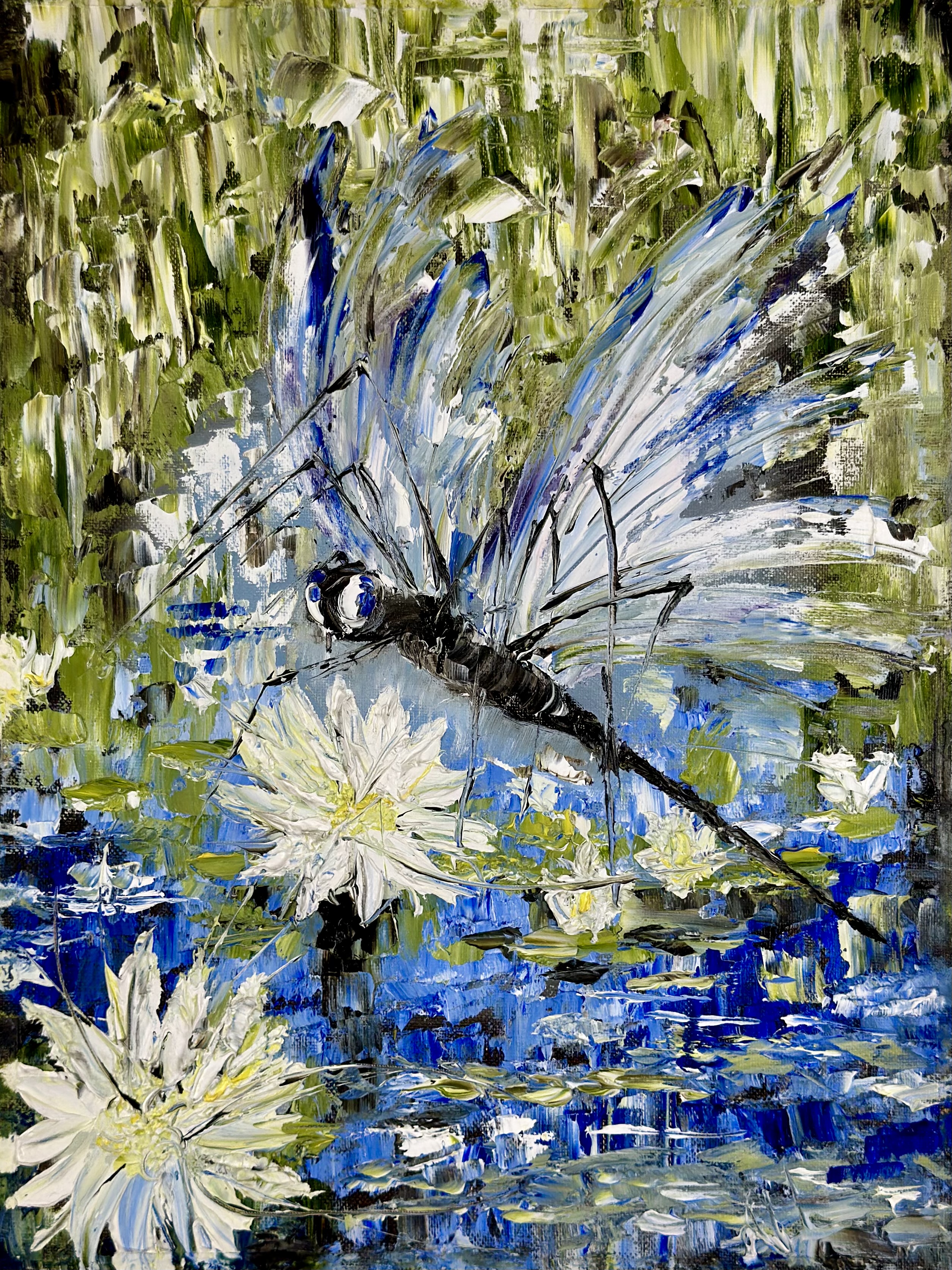 Dragonfly Over Water Lilies — original flower oil painting contemporary floral art by Nina