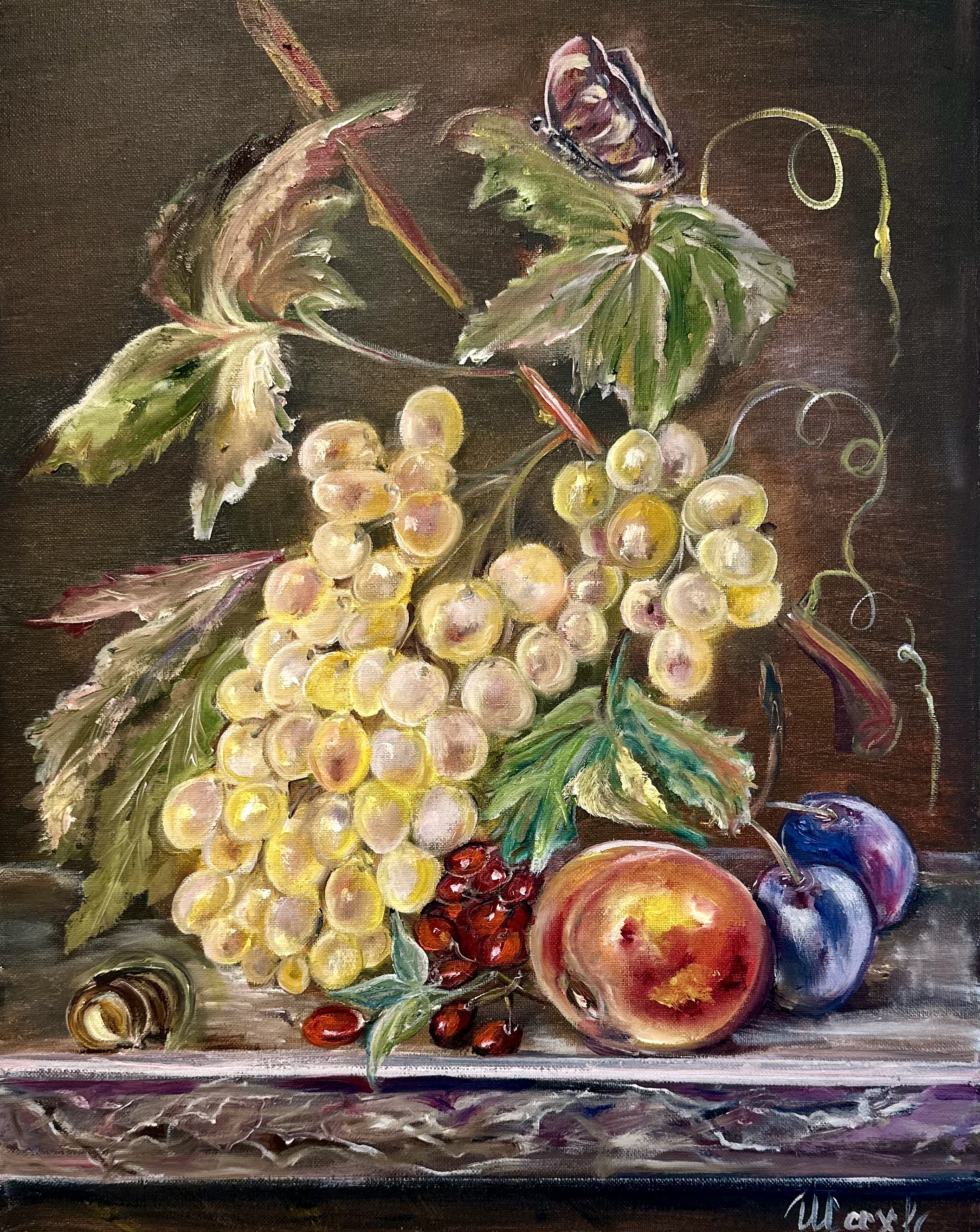 Still Life with Grapes, Peach, Plums, and Butterfly — original oil painting still life art by Nina