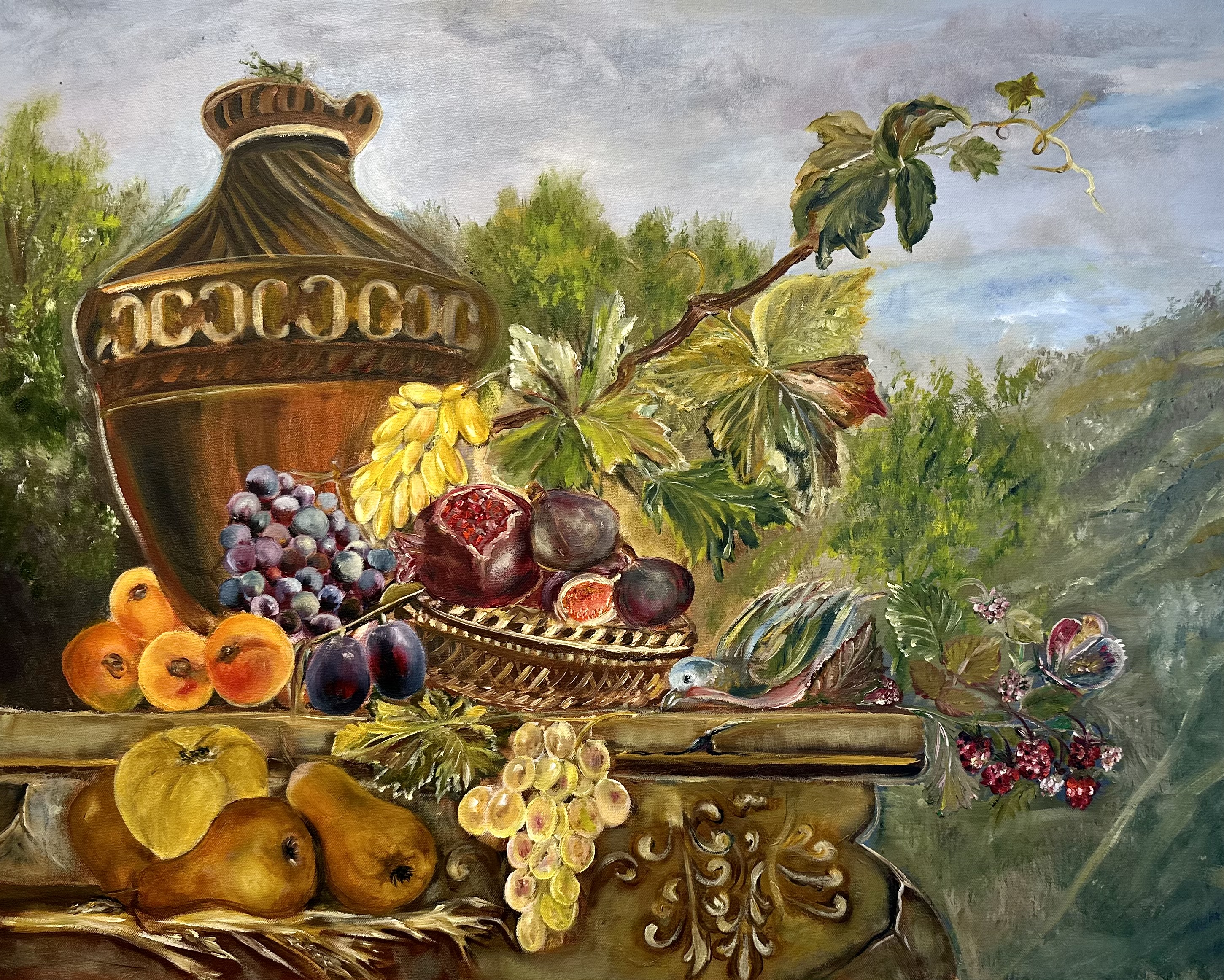 Still Life with Georgian Kvevri, Fruits, and Birds — original oil painting still life art by Nina