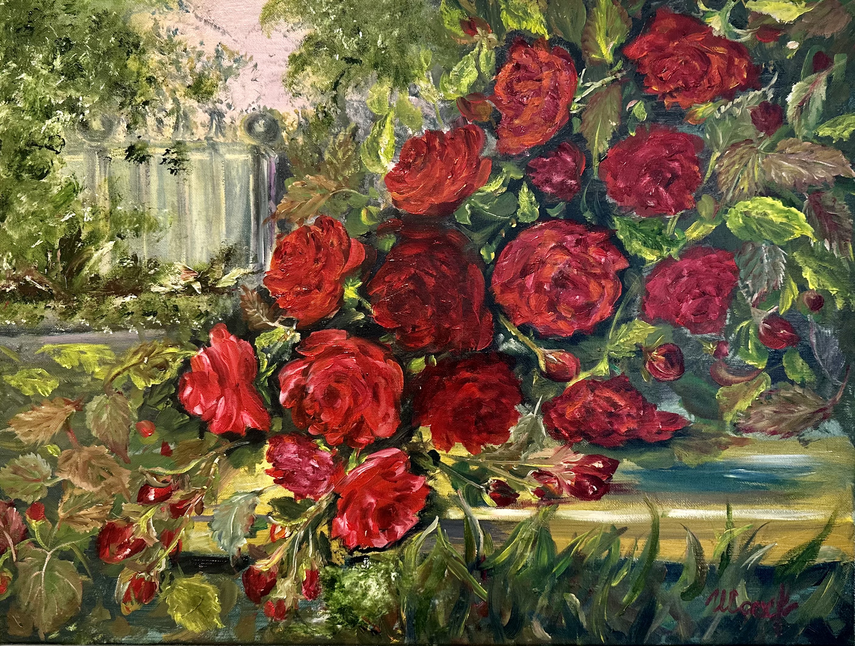 Red Roses in the Garden — original flower oil painting contemporary floral art by Nina