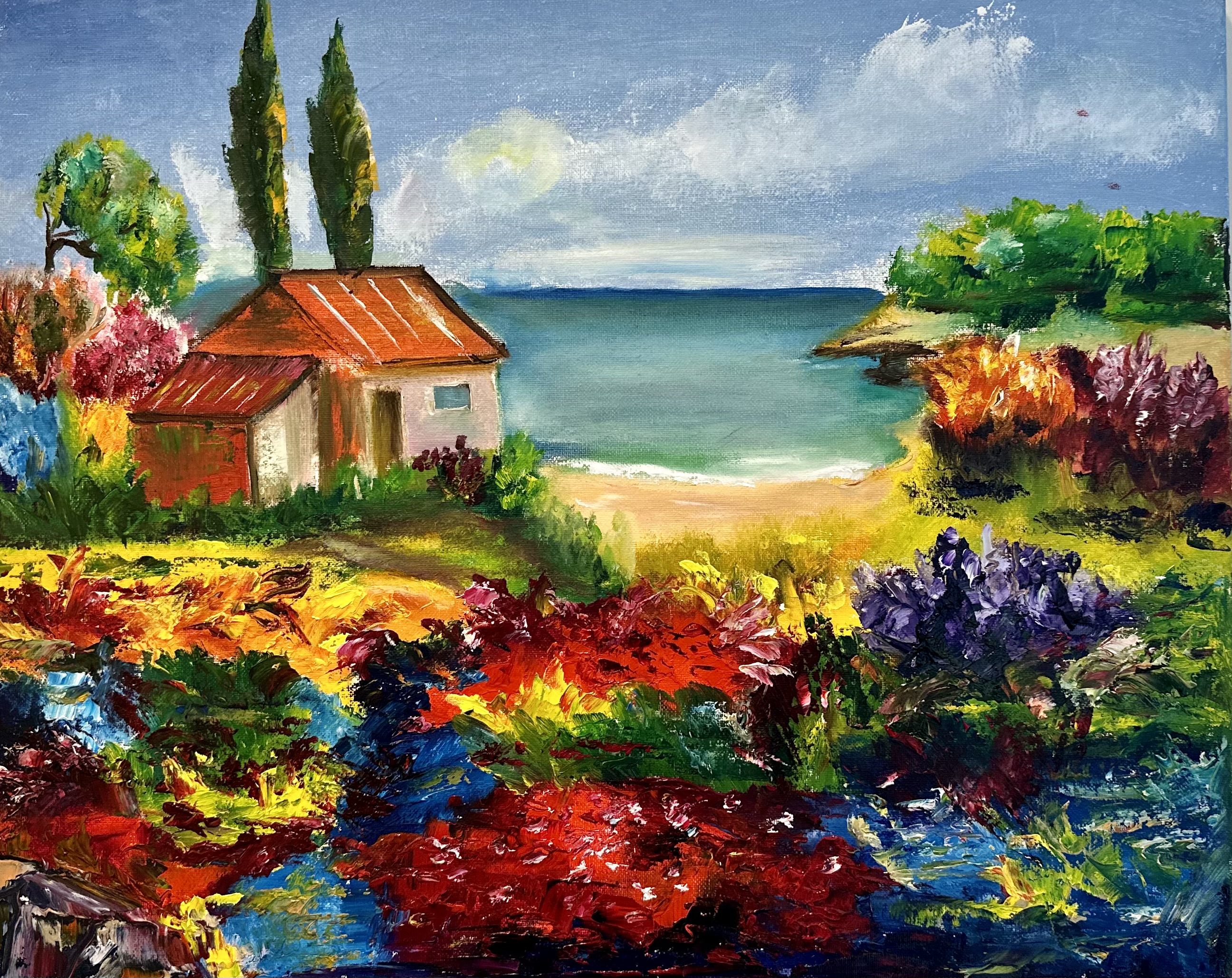 Seaside Cottage Garden — original landscape painting contemporary art by Nina