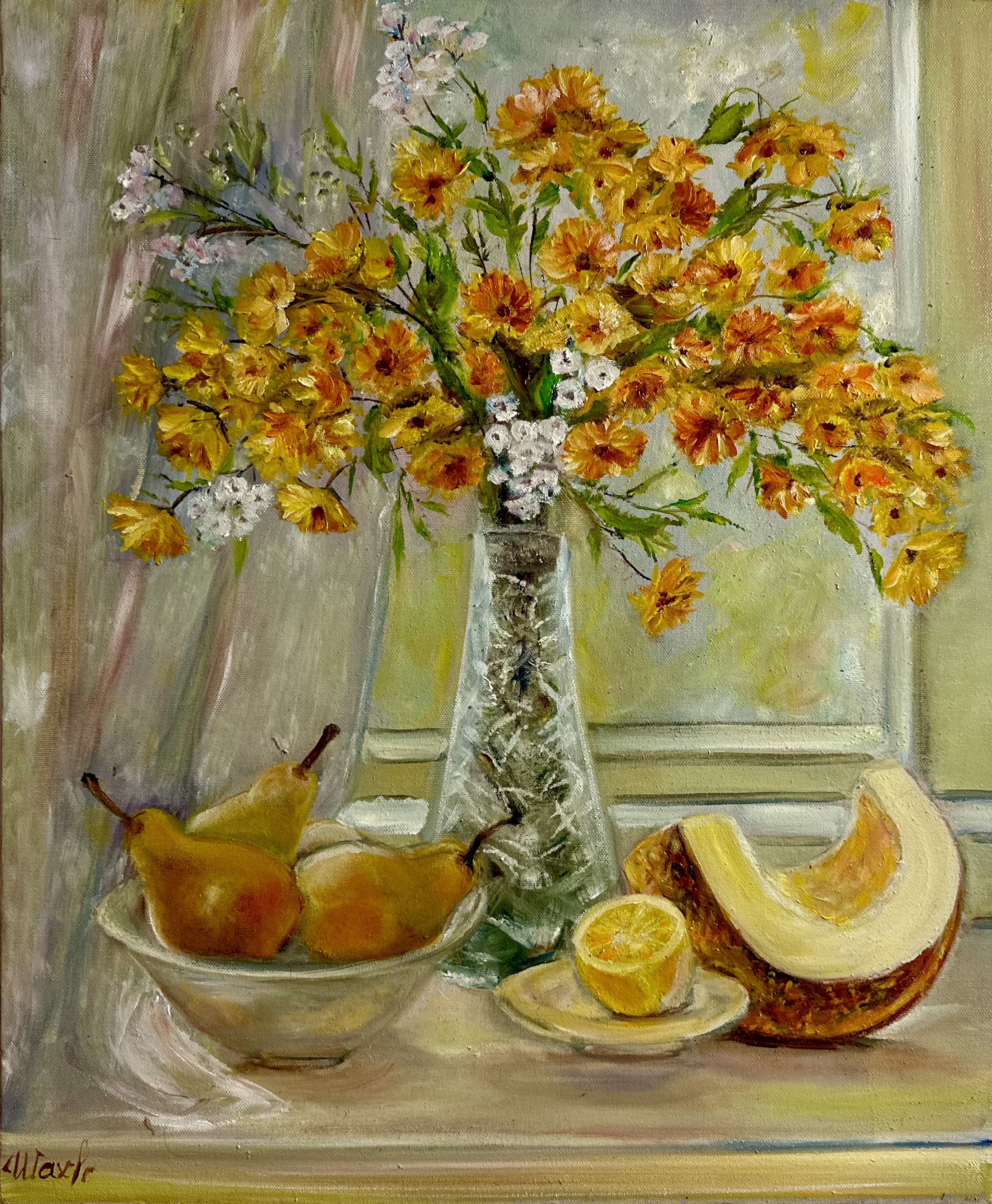 Still Life with Marigolds, Pears, and Melon — original oil painting still life art by Nina