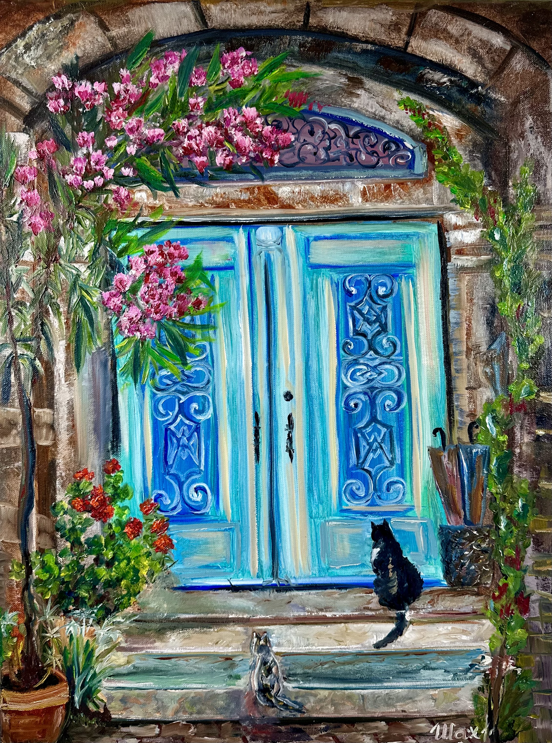 Blue Door with Cats — original figurative oil painting contemporary art by Nina