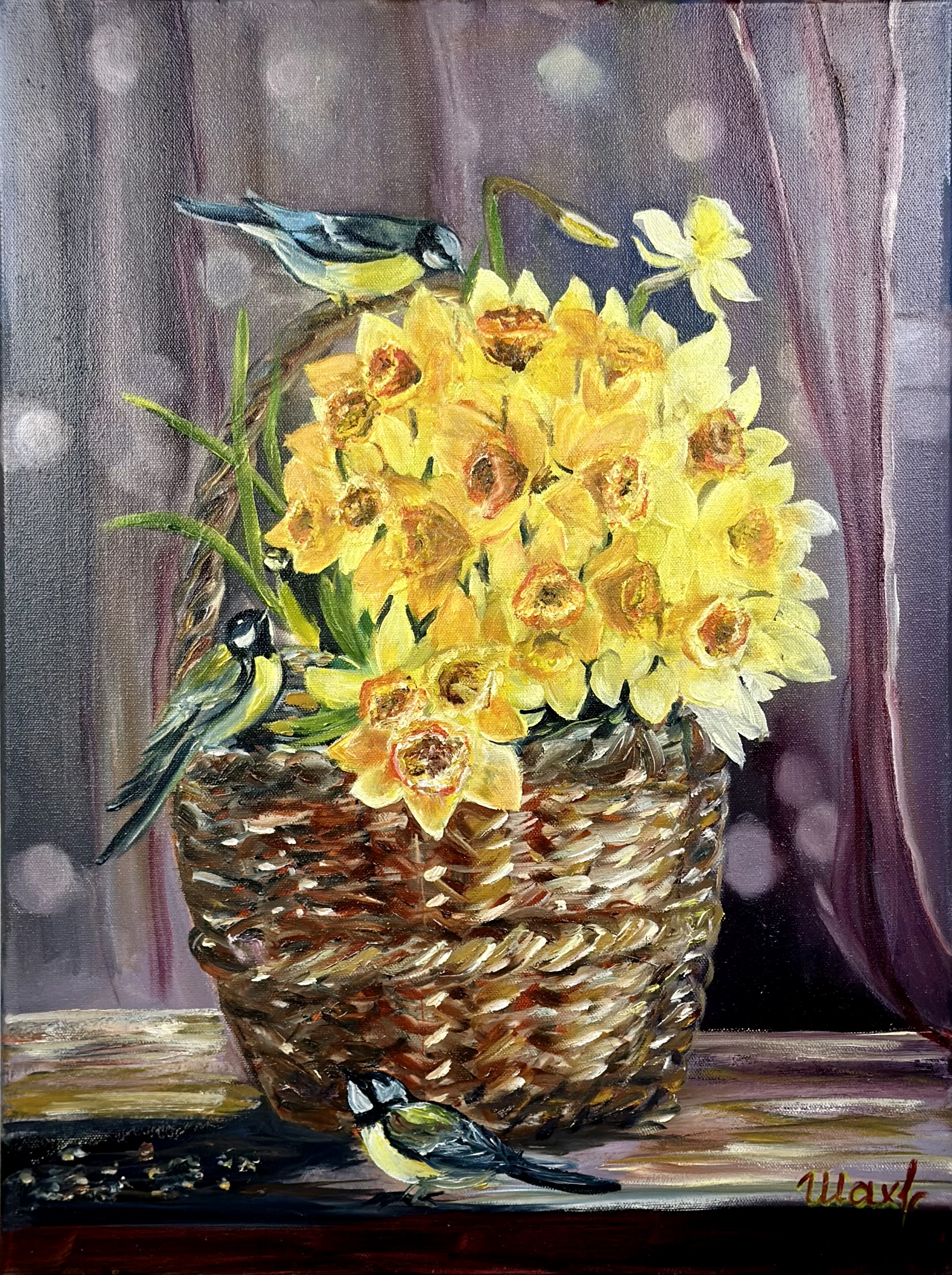 Daffodils and Blue Tits — original flower oil painting contemporary floral art by Nina