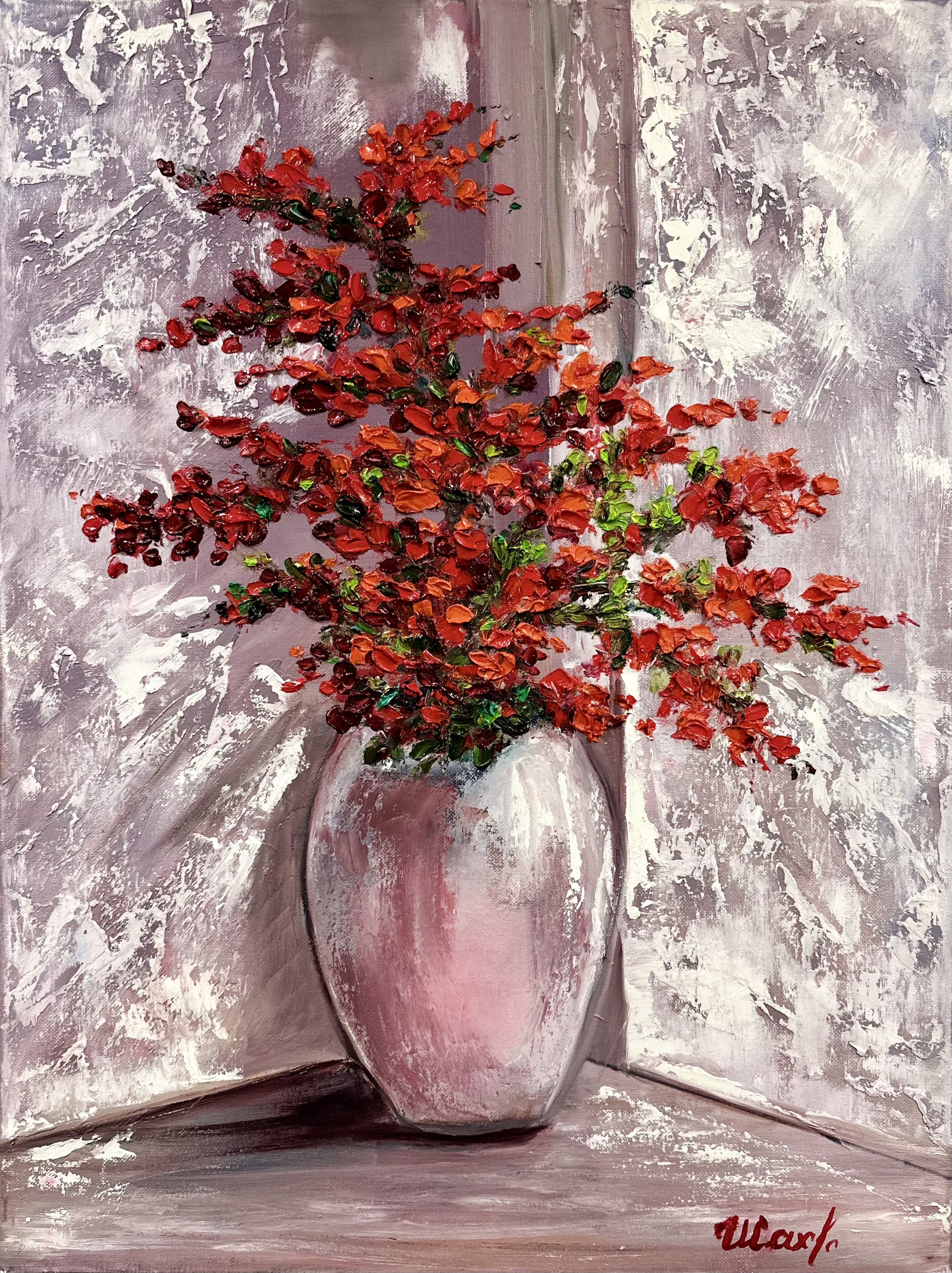 Red Blossoms in a Vase — original flower oil painting contemporary floral art by Nina