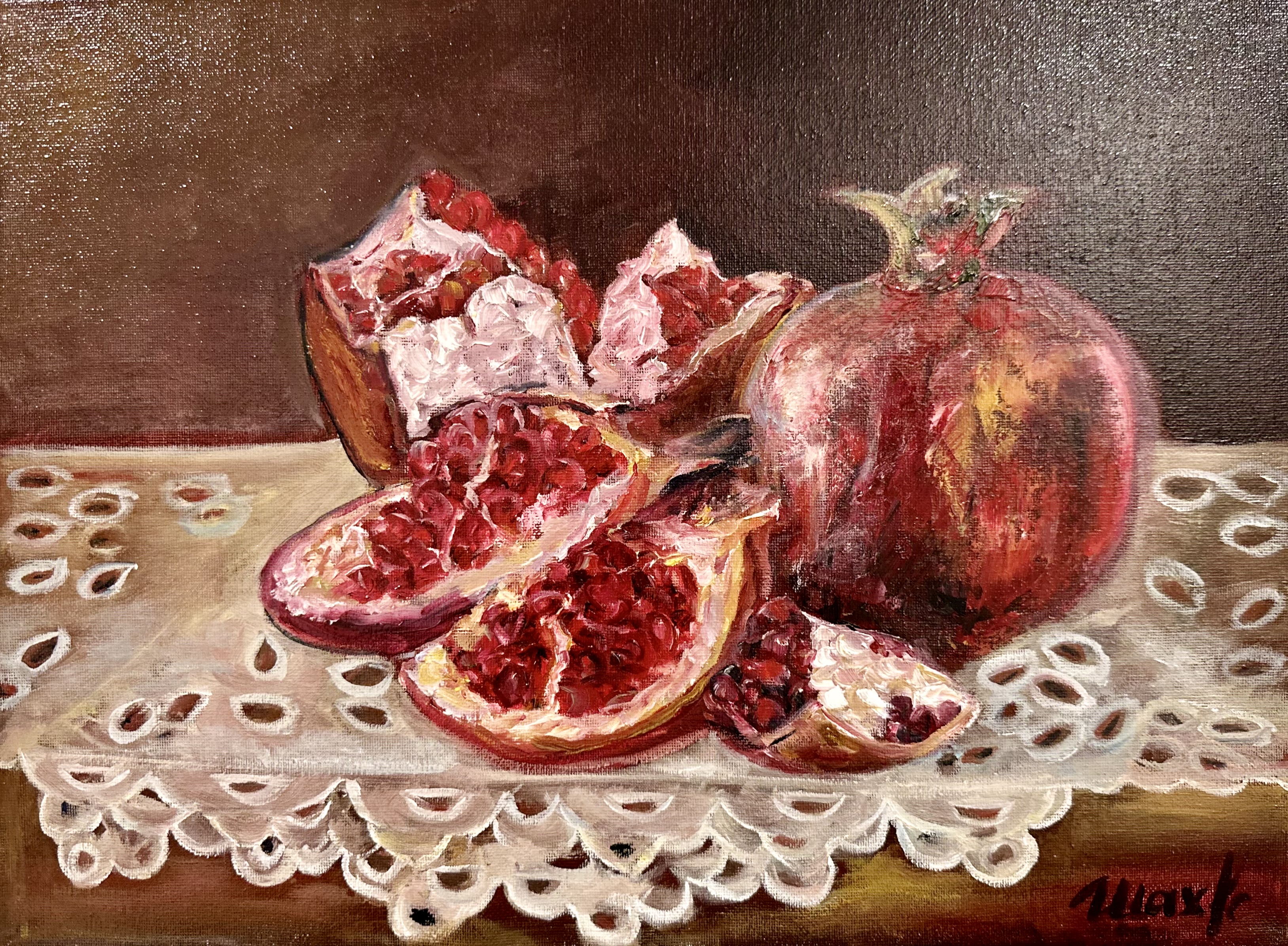 Pomegranates on Lace — original oil painting still life art by Nina