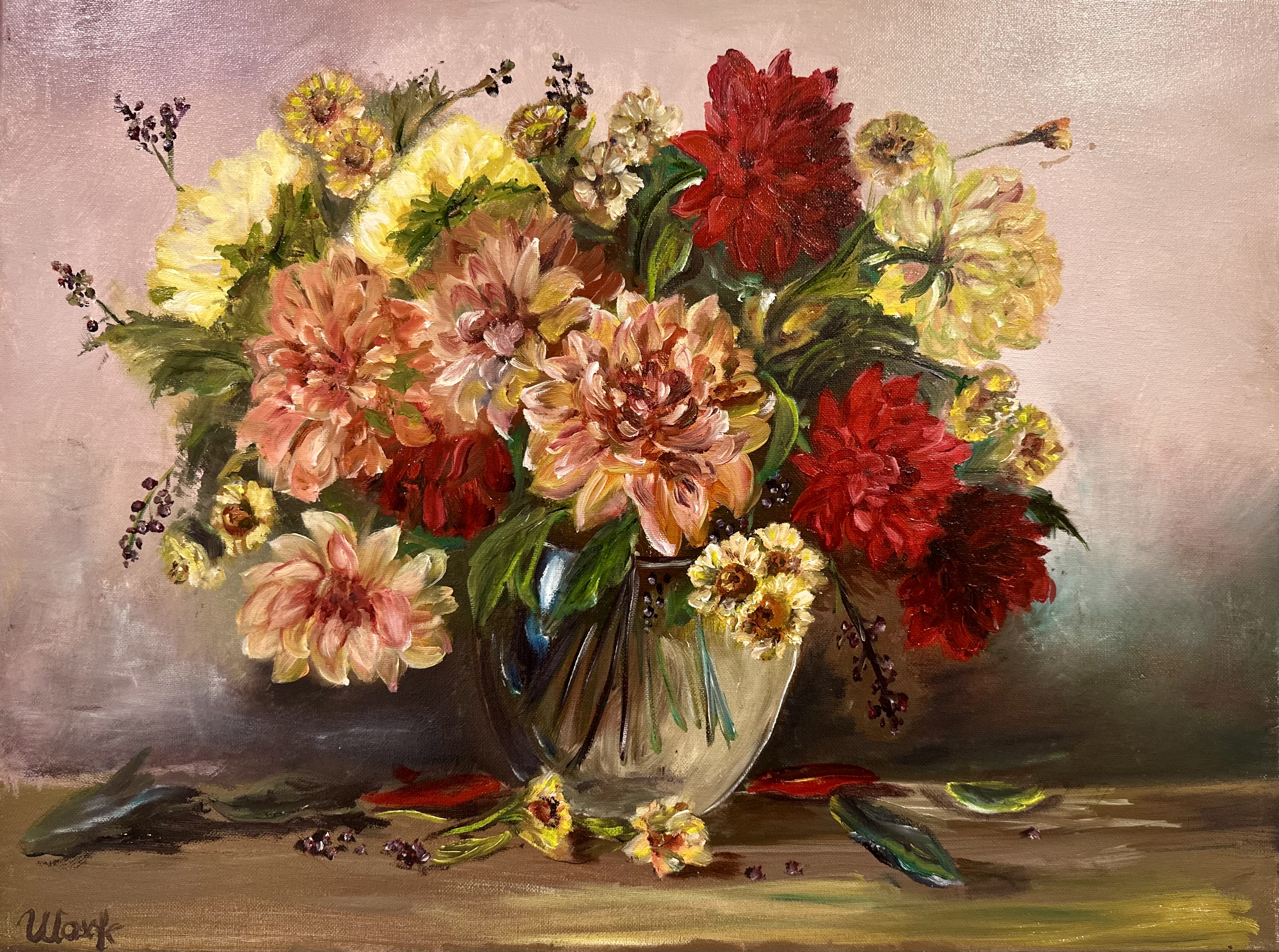 Dahlias in a Glass Vase — original flower oil painting contemporary floral art by Nina