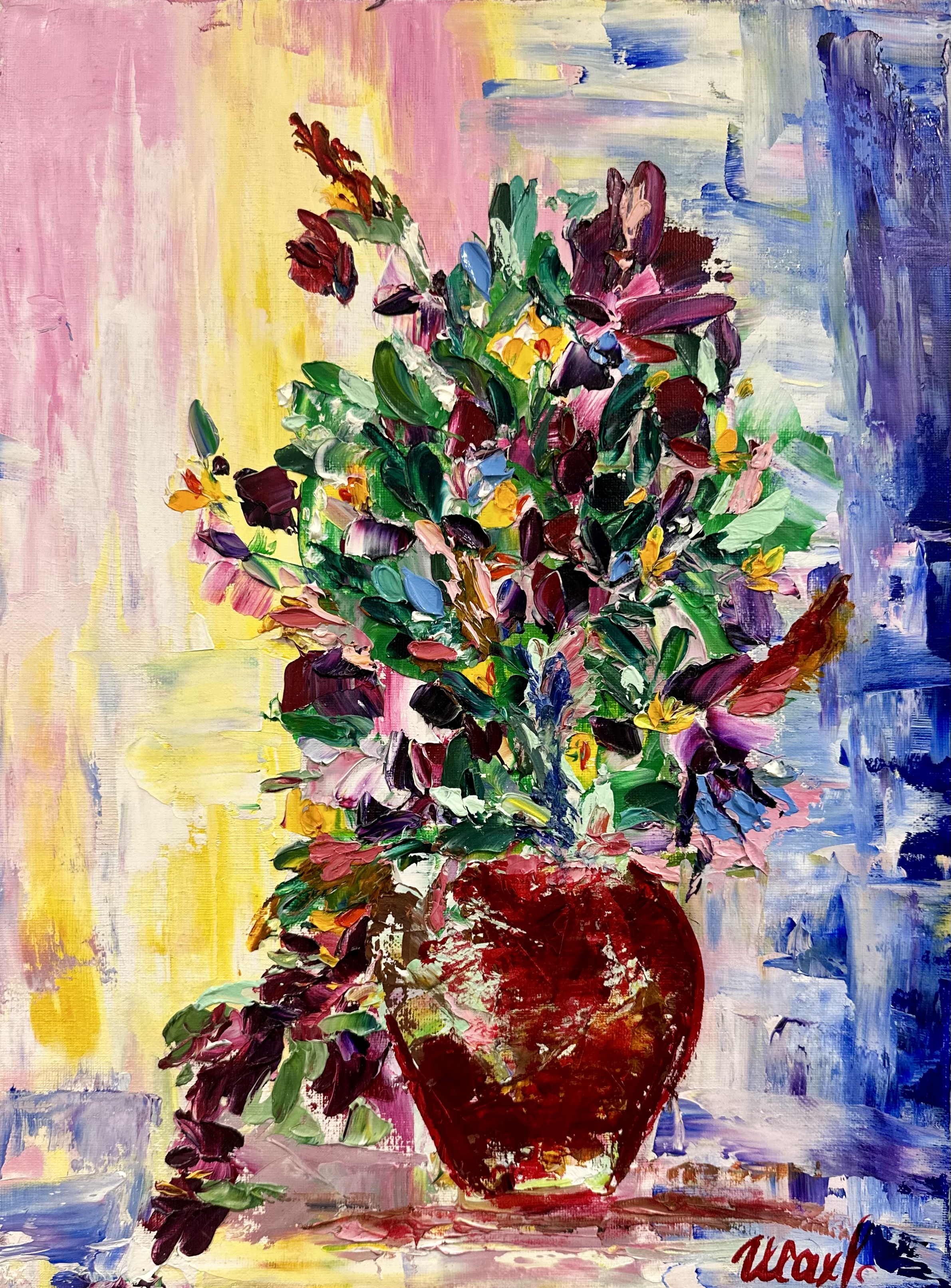 Bouquet in a Red Vase — original flower oil painting contemporary floral art by Nina